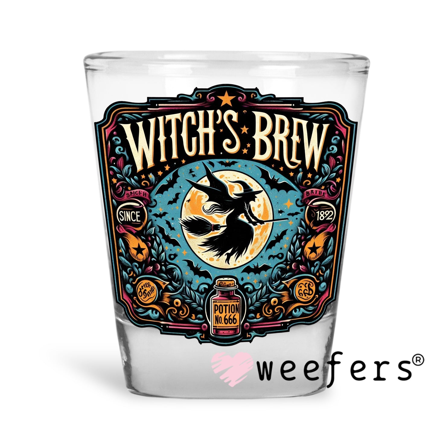 Witch's Brew Broom Halloween UV DTF Decal Shot Glass Heavy Base Weefers