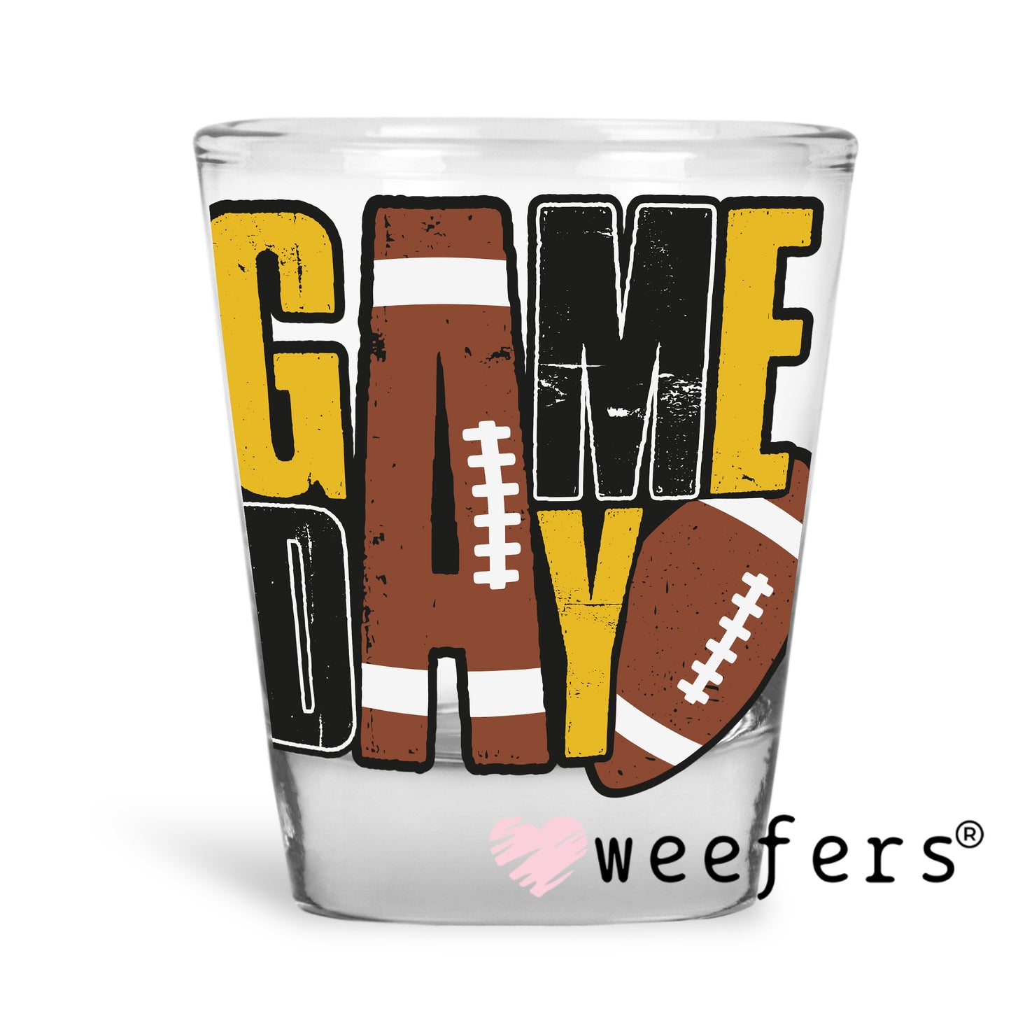 Game Day Football Brown Yellow and Black UV DTF Decal Shot Glass Heavy Base Weefers
