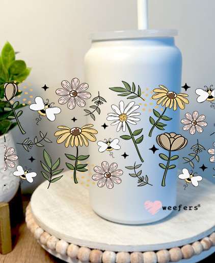 Yellow and Mauve Pink Flowers 16oz Libbey Glass Can UV DTF Decal Transfer Weefers