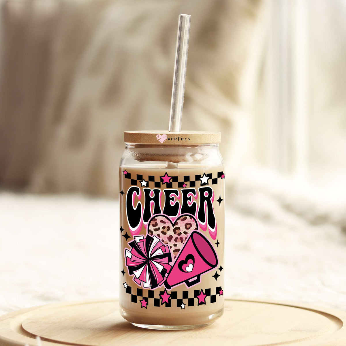 Cheer Hot Pink and Black 16oz Libbey Glass Can UV DTF or Sublimation Wrap - Decal Weefers