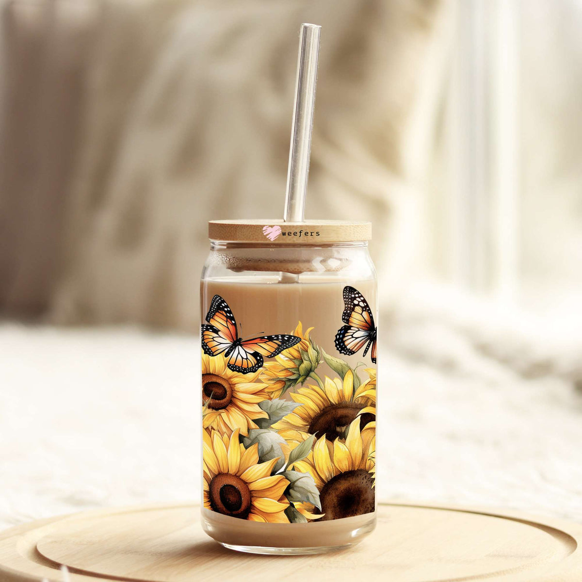 Sunflowers And Butterflies 16oz Libbey Glass Can UV DTF or Sublimation Wrap Decal Transfer Weefers