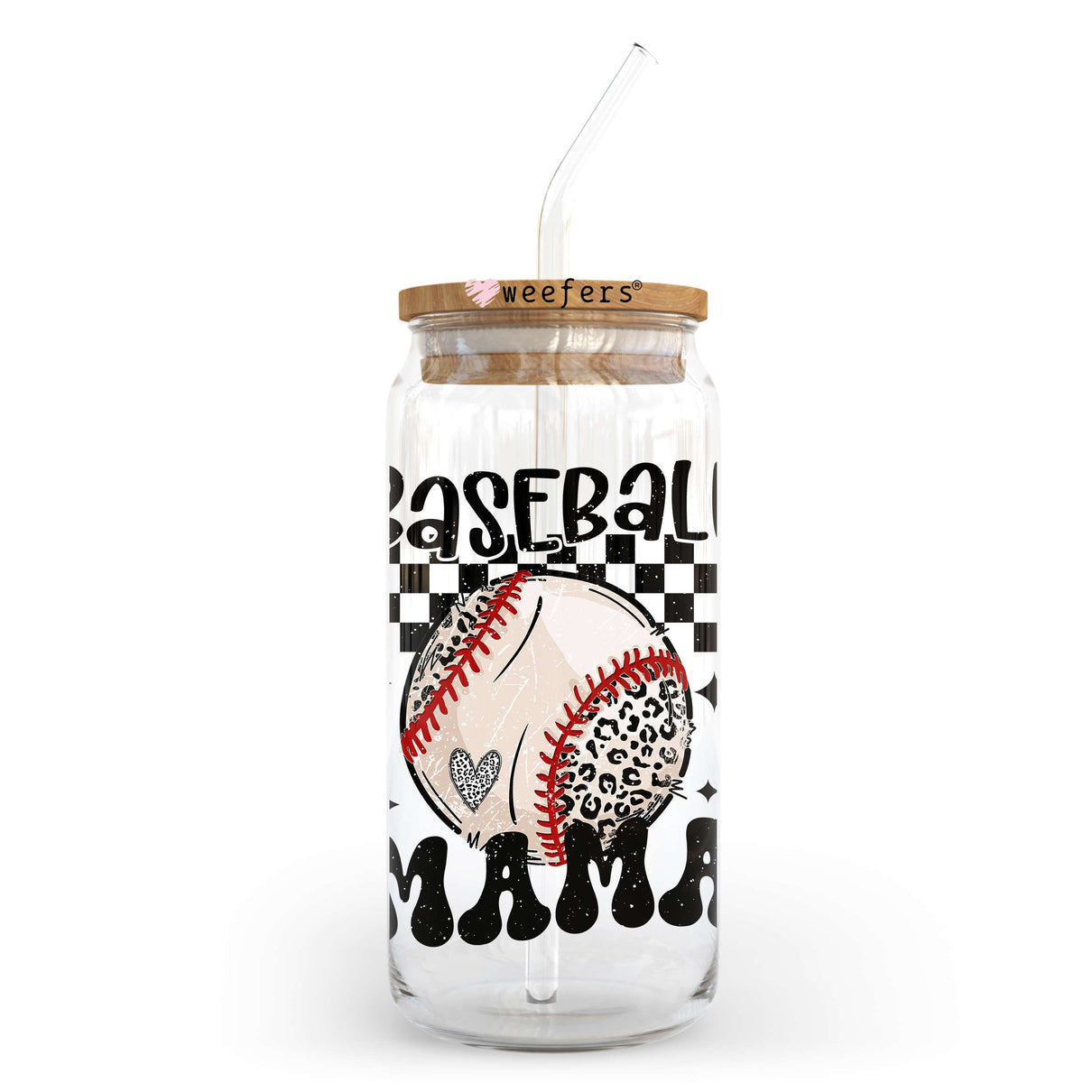 Baseball mama Checkered 20oz Libbey Glass Can UV DTF or Sublimation Wrap - Decal Transfer Weefers