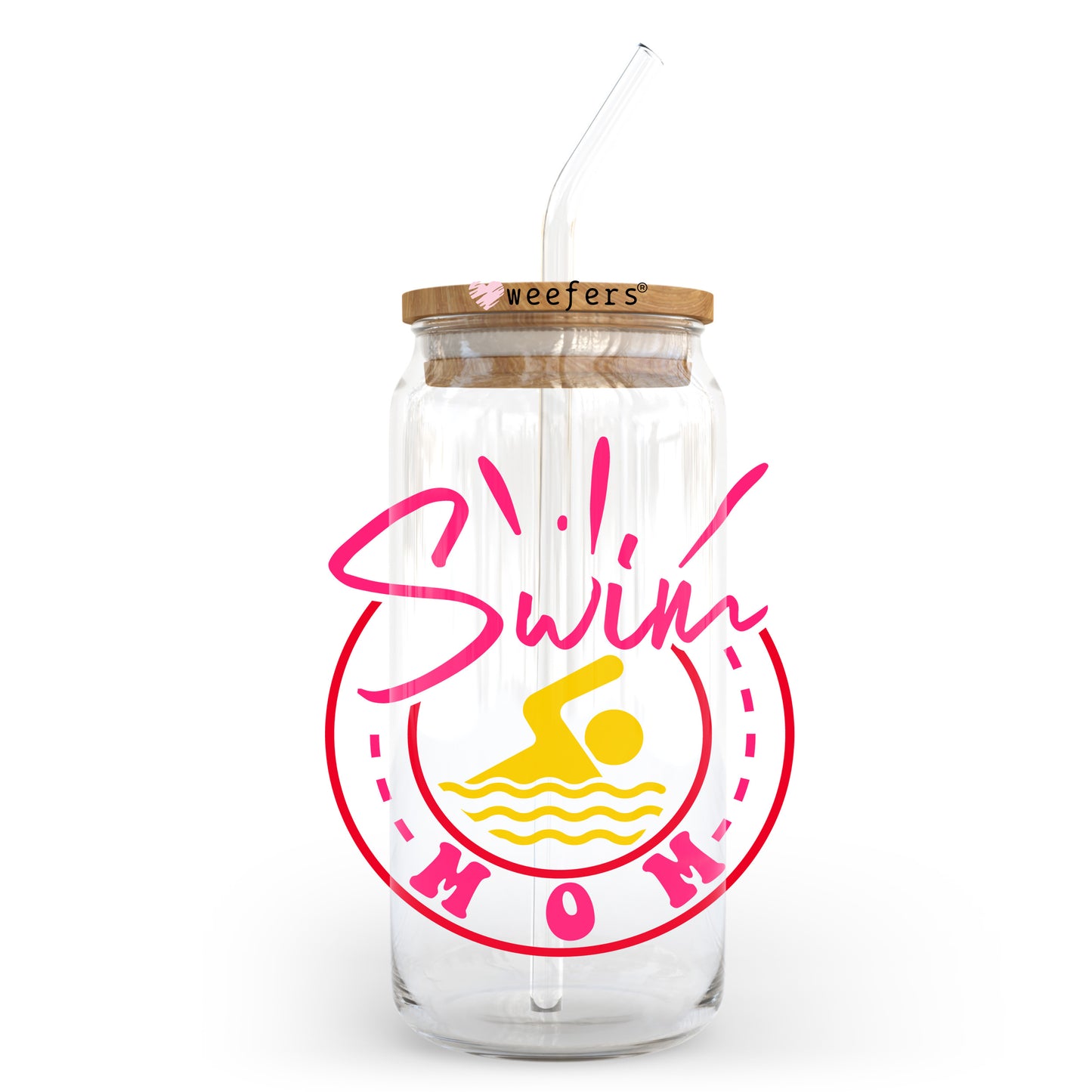 Swim Mom Pink Yellow 20oz Libbey Glass Can UV DTF or Sublimation Wrap - Decal Transfer Weefers