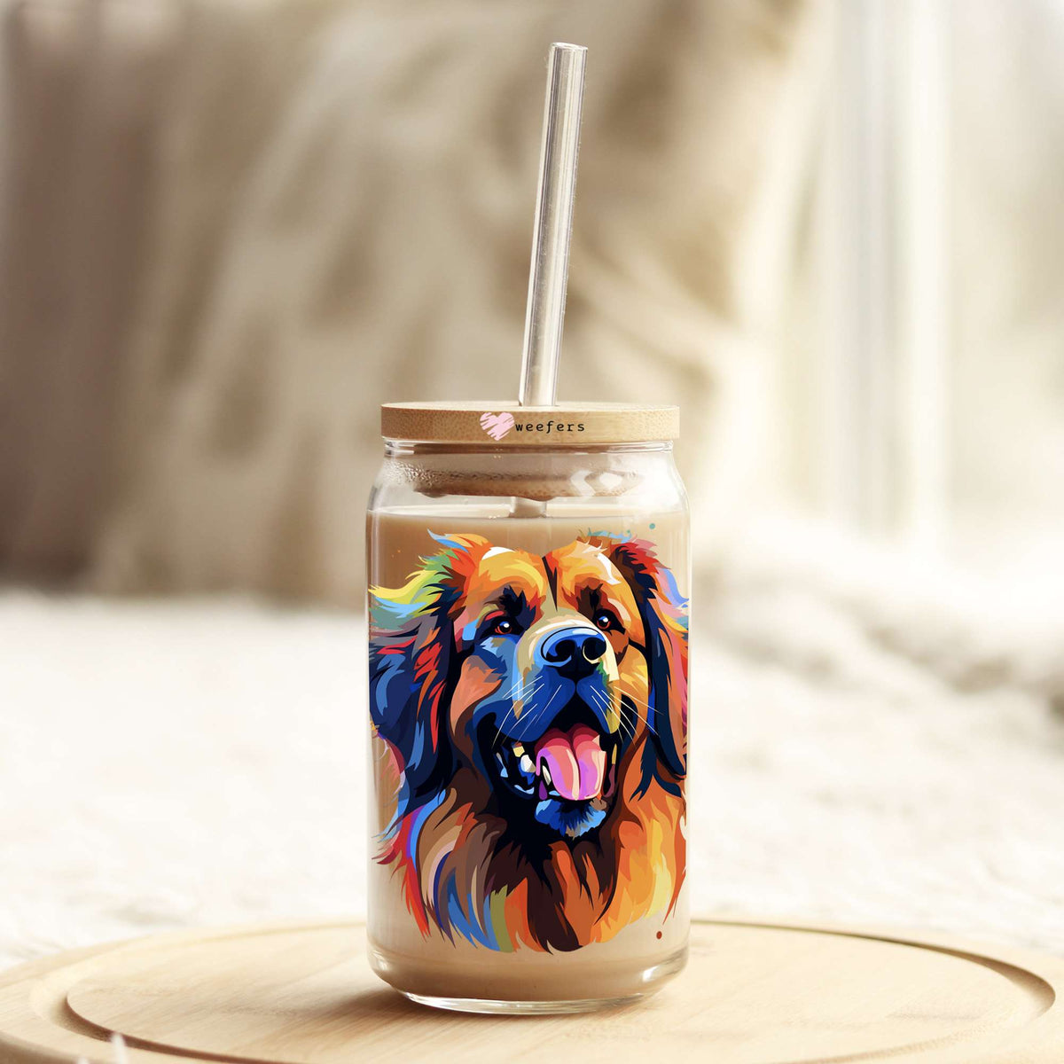Leonberger Retriever Colorful Watercolor 16oz Libbey Glass Can UV DTF or Sublimation Wrap - Decal Weefers