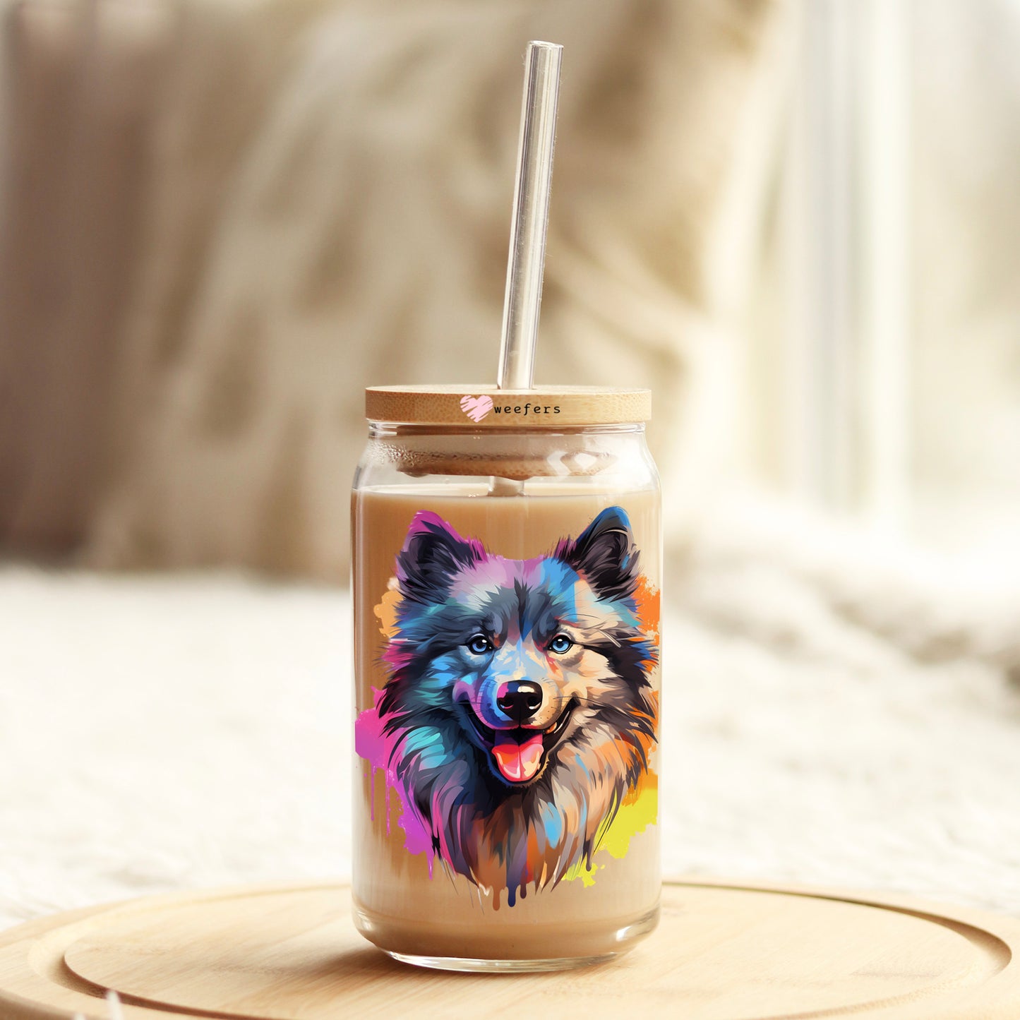 Keeshond Colorful Watercolor 16oz Libbey Glass Can UV DTF or Sublimation Wrap - Decal Weefers