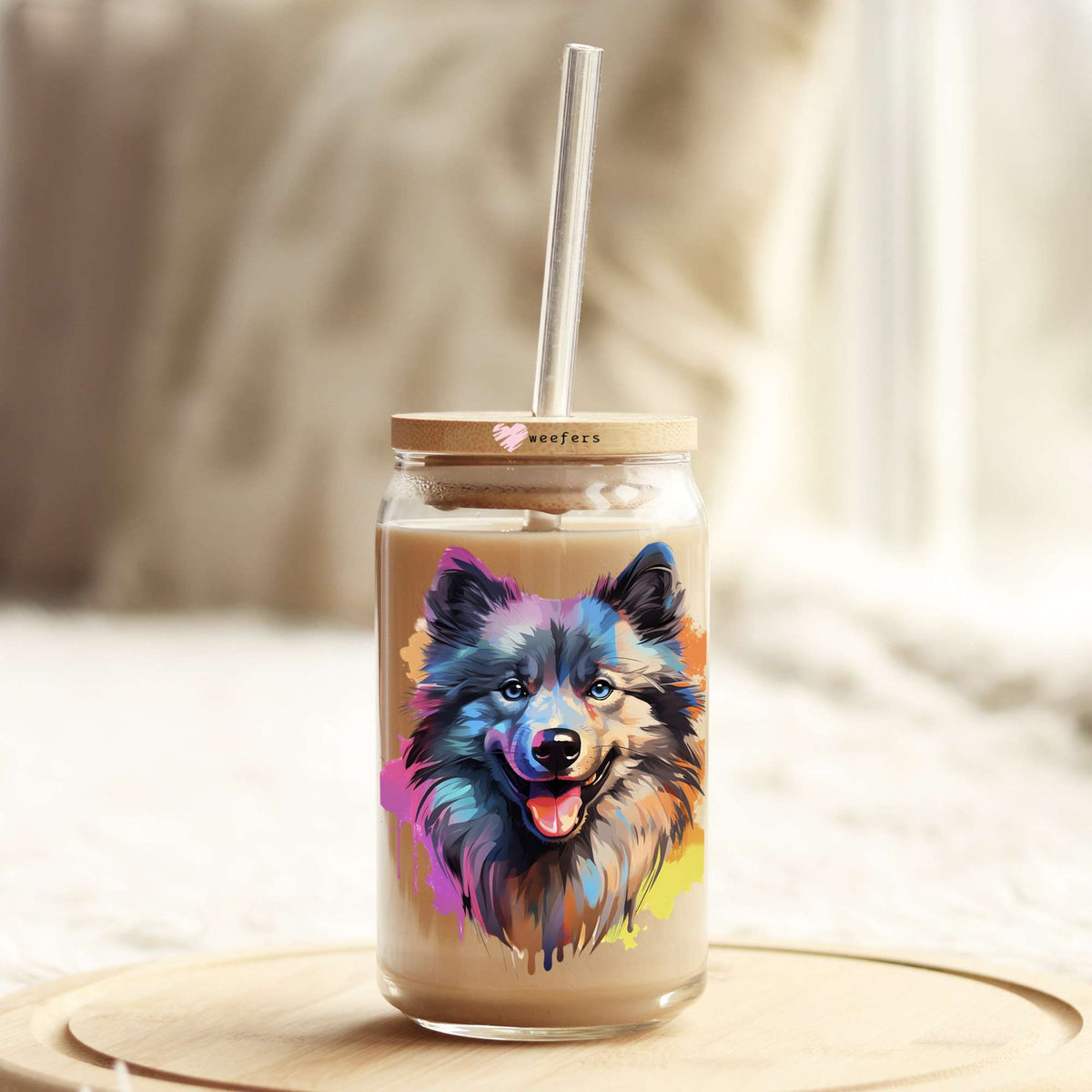 Keeshond Colorful Watercolor 16oz Libbey Glass Can UV DTF or Sublimation Wrap - Decal Weefers