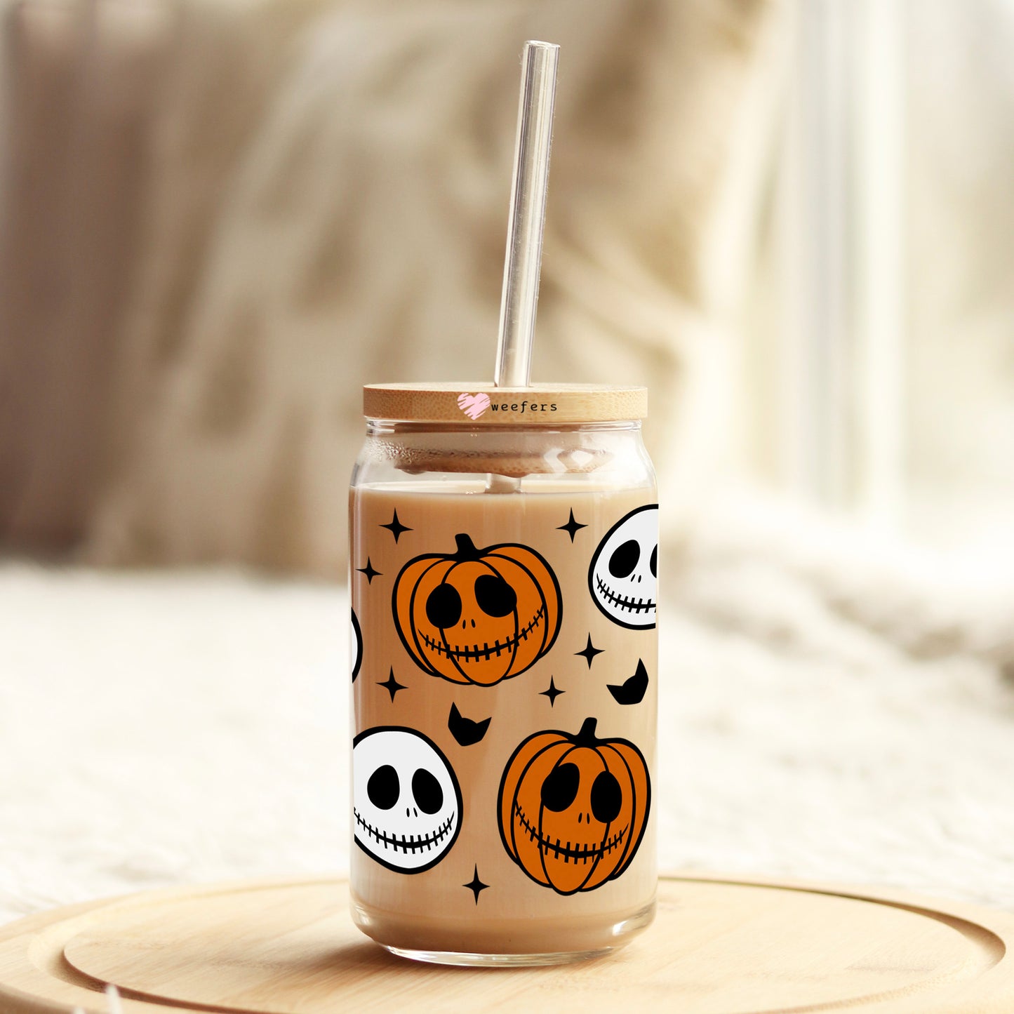 Skeleton and Pumpkin Heads 16oz Libbey Glass Can UV DTF or Sublimation Wrap Decal Transfer Weefers