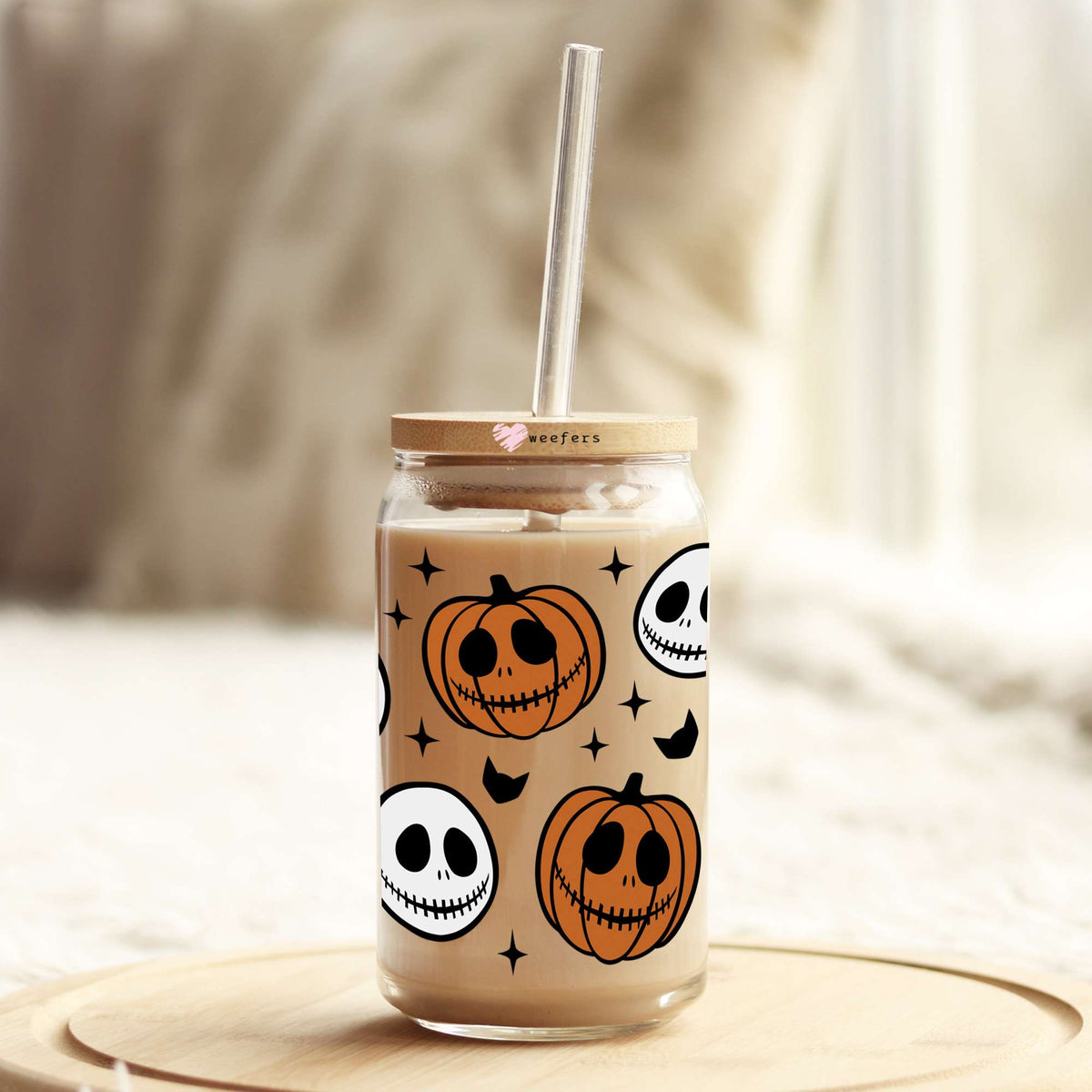 Skeleton and Pumpkin Heads 16oz Libbey Glass Can UV DTF or Sublimation Wrap Decal Transfer Weefers