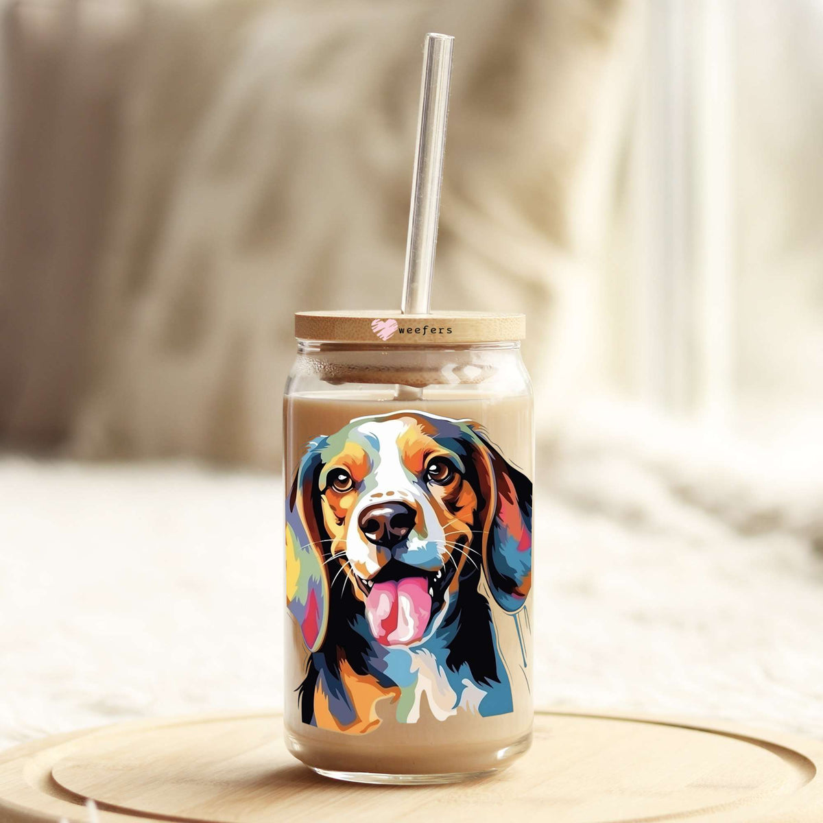 Beagle Colorful Watercolor 16oz Libbey Glass Can UV DTF or Sublimation Wrap - Decal Weefers