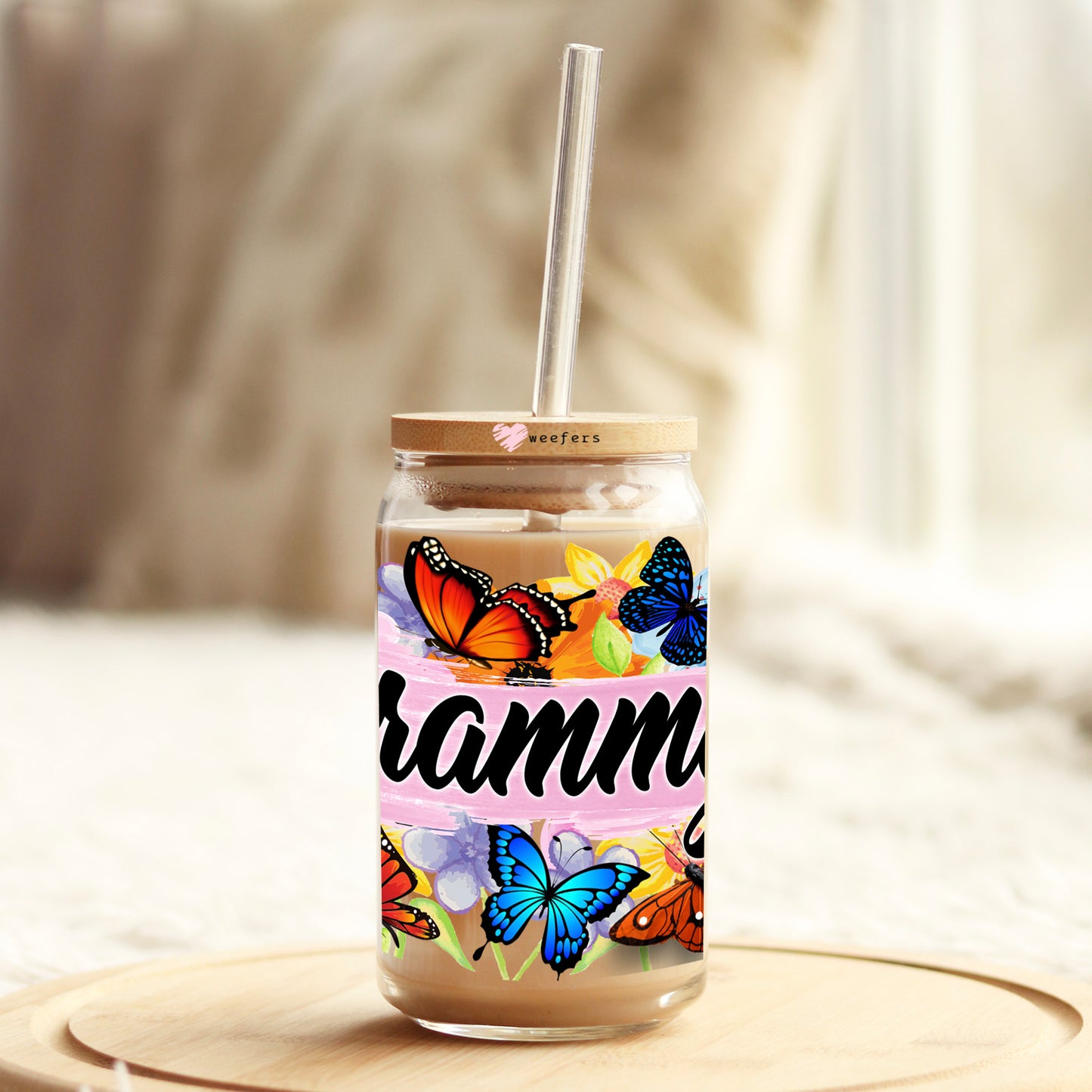 Grammy Colorful Butterflies 16oz Libbey Glass Can UV DTF or Sublimation Wrap Decal Transfer Weefers