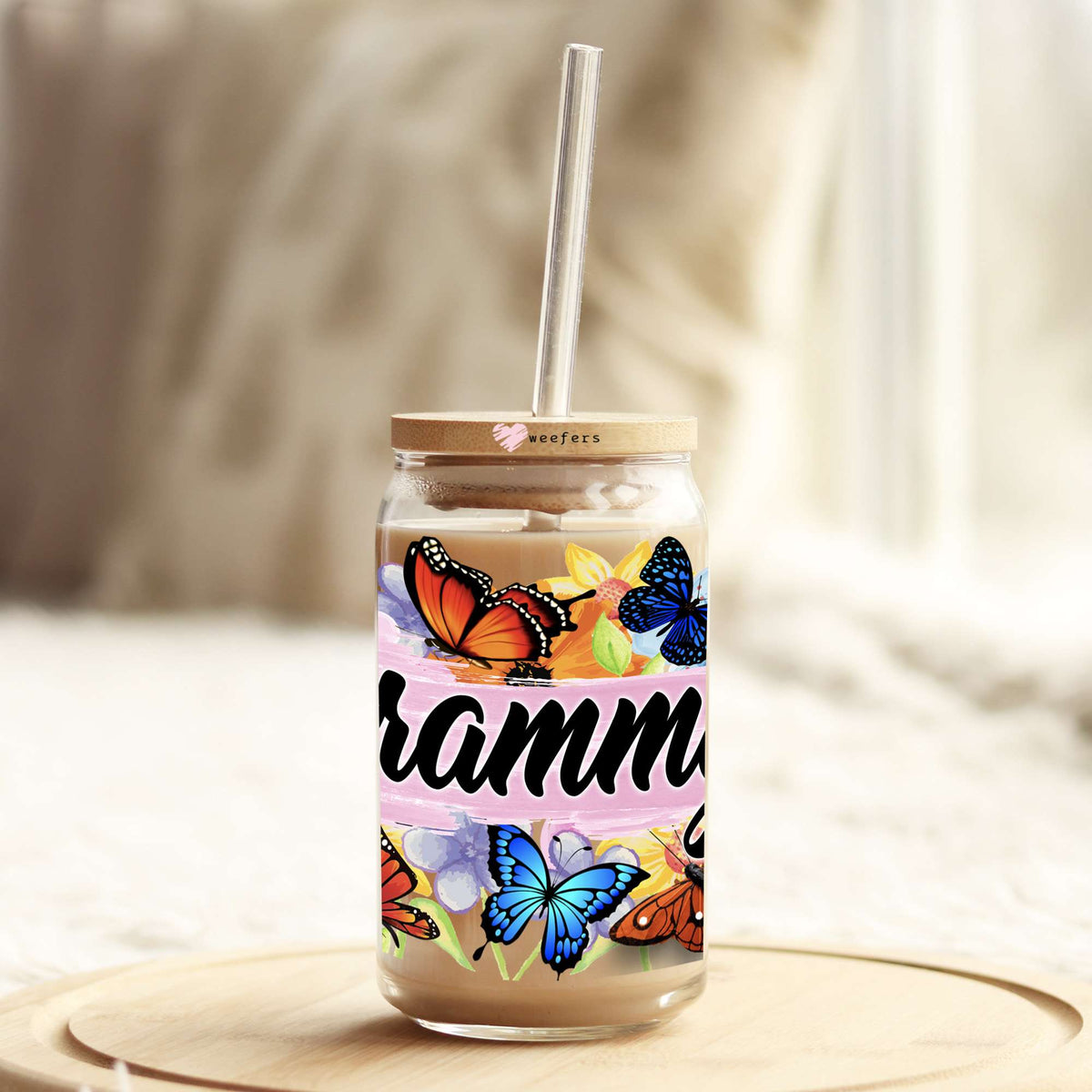 Grammy Colorful Butterflies 16oz Libbey Glass Can UV DTF or Sublimation Wrap Decal Transfer Weefers