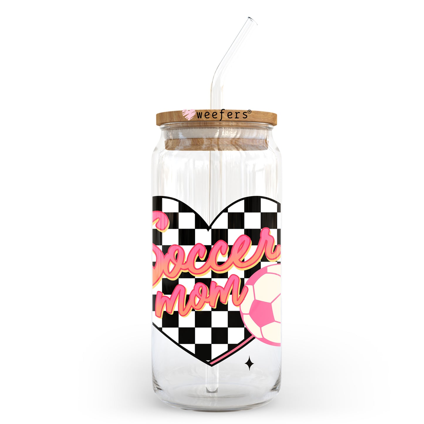 Soccer Mom Heart Checkered 20oz Libbey Glass Can, 34oz Hip Sip, 40oz Tumbler, 24oz Cold Cup UV DTF or Sublimation Decal Transfer Weefers