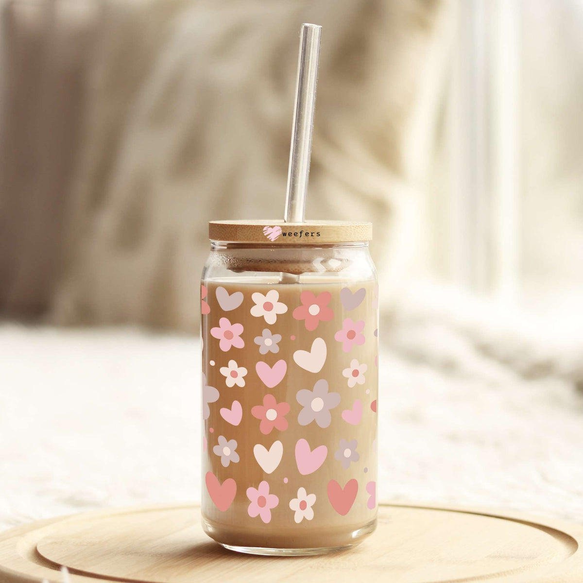 Hearts and Flowers 16oz Libbey Glass Can UV DTF or Sublimation Wrap - Decal Weefers