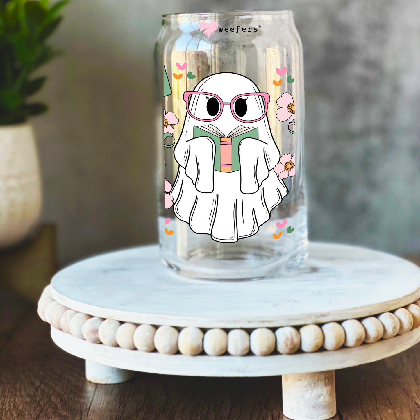 Ghost Coquette Book Lover 16oz Libbey Glass Can UV DTF or Sublimation Wrap Decal Transfer Weefers
