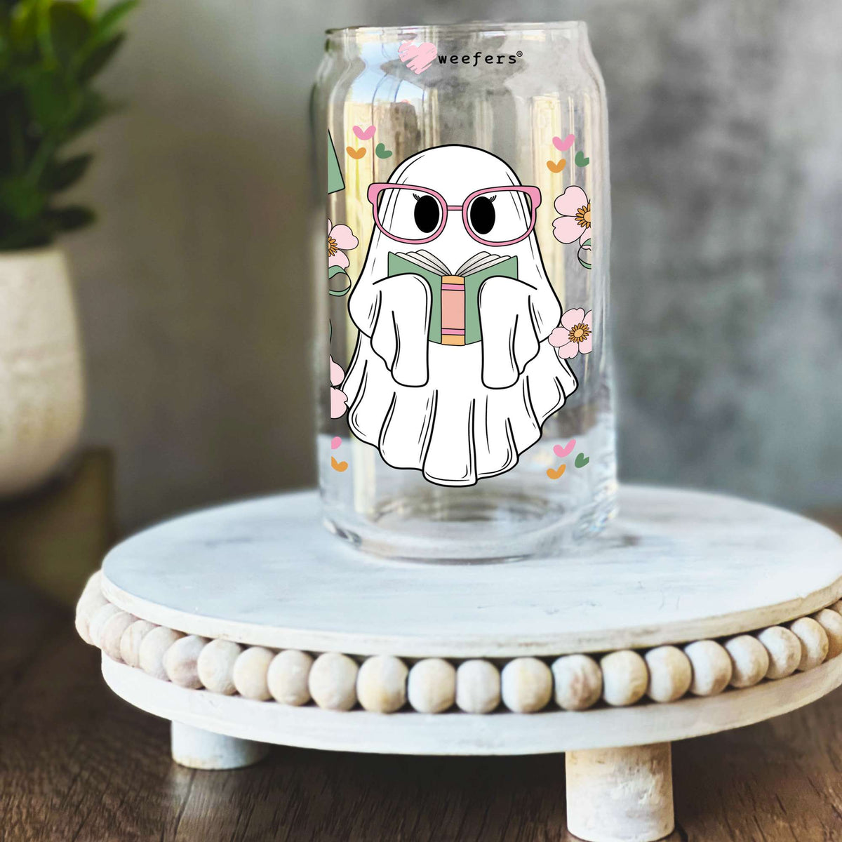 Ghost Coquette Book Lover 16oz Libbey Glass Can UV DTF or Sublimation Wrap Decal Transfer Weefers