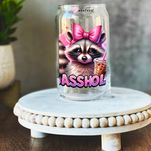 Load image into Gallery viewer, a glass jar with a picture of a raccoon holding a drink

