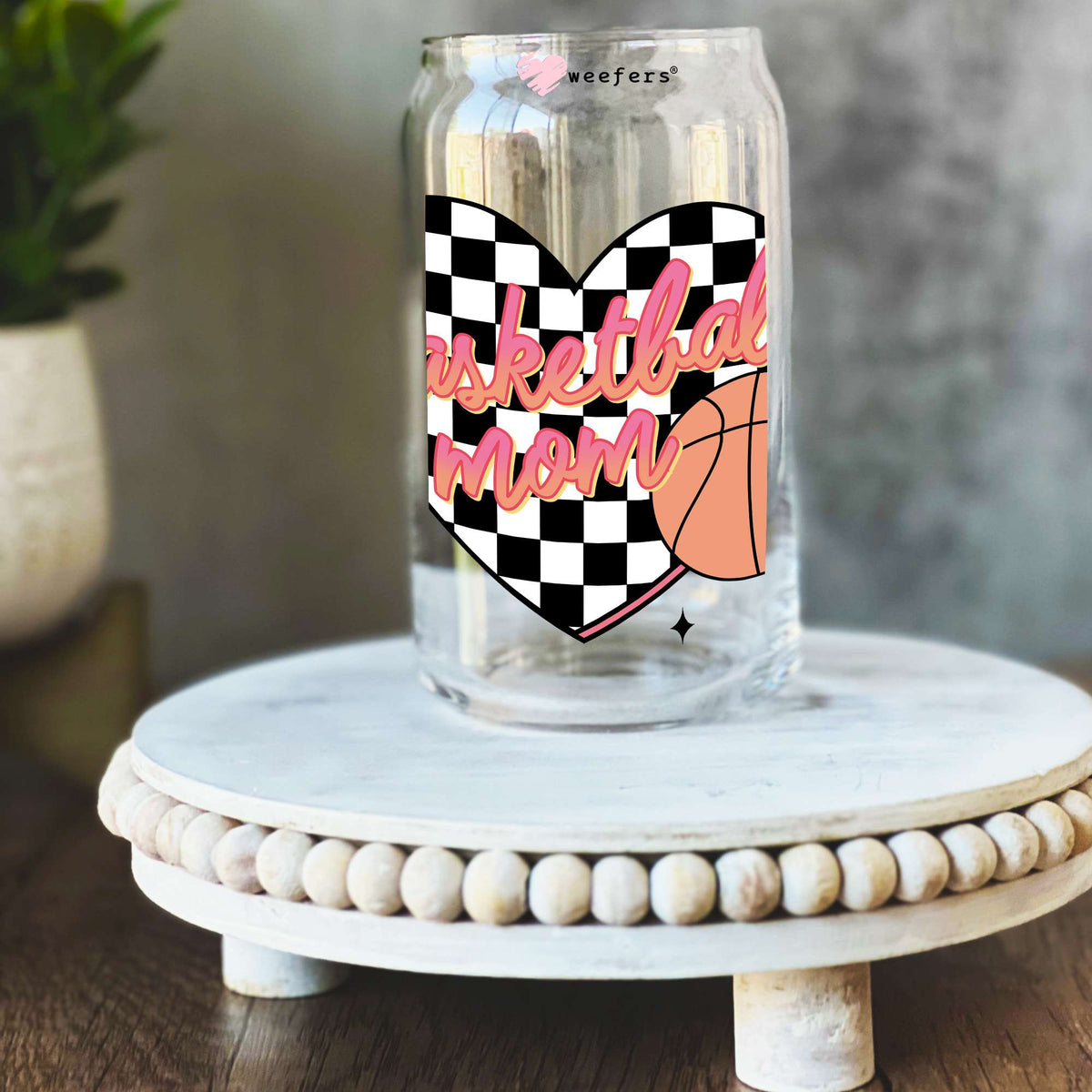 Basketball Mom Black Checkers 16oz Libbey Glass Can UV DTF or Sublimation Wrap Decal Transfer Weefers