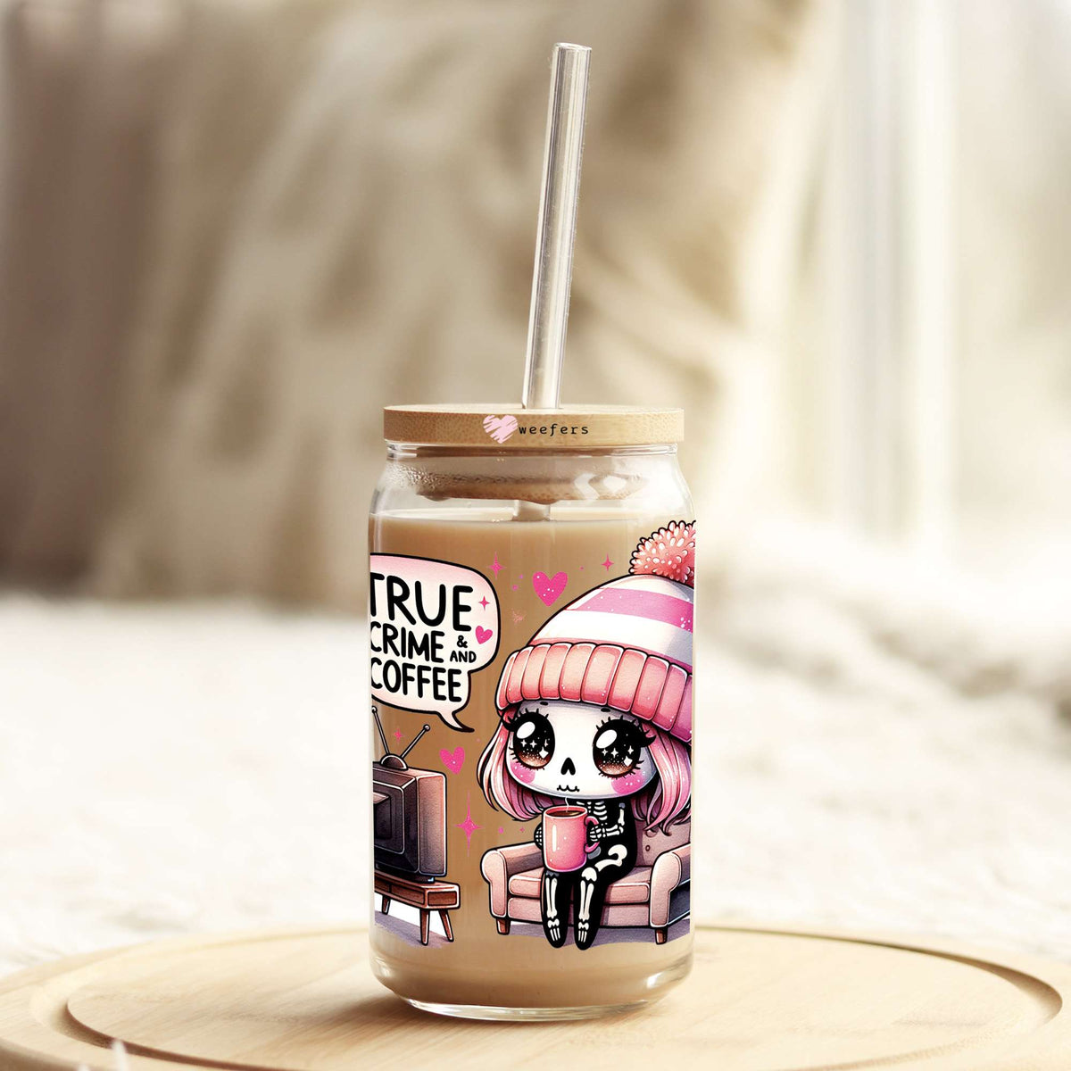 True Crime And Coffee 16oz Libbey Glass Can UV DTF or Sublimation Wrap Decal Transfer Weefers