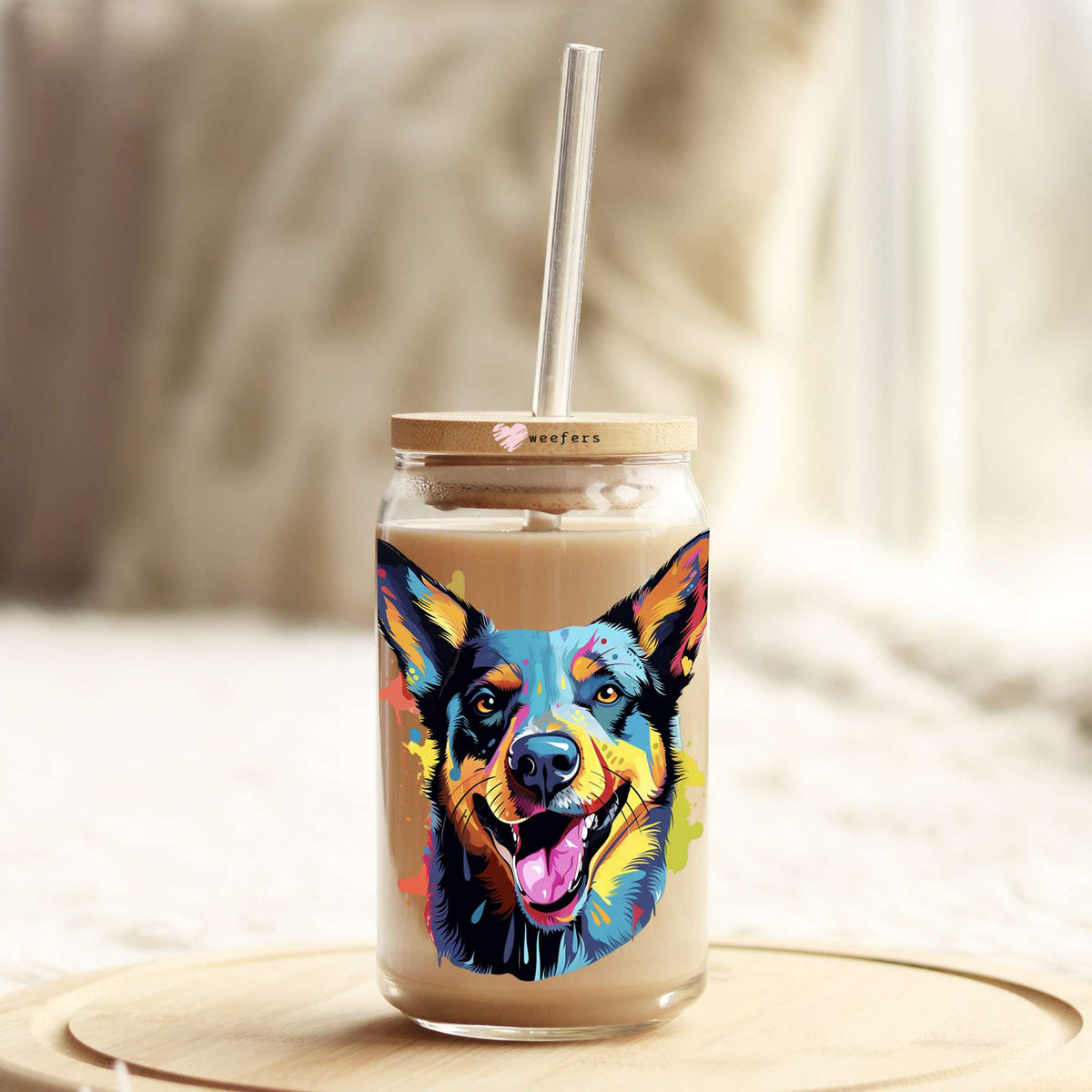 Australian Cattle Dog Colorful Watercolor 16oz Libbey Glass Can UV DTF or Sublimation Wrap - Decal Weefers