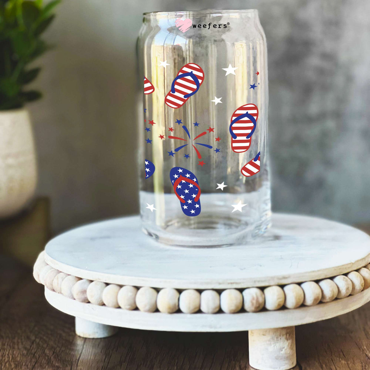 Flip Flops and Fire Works 4th of July 16oz Libbey Glass Can UV DTF or Sublimation Wrap Decal Transfer Weefers