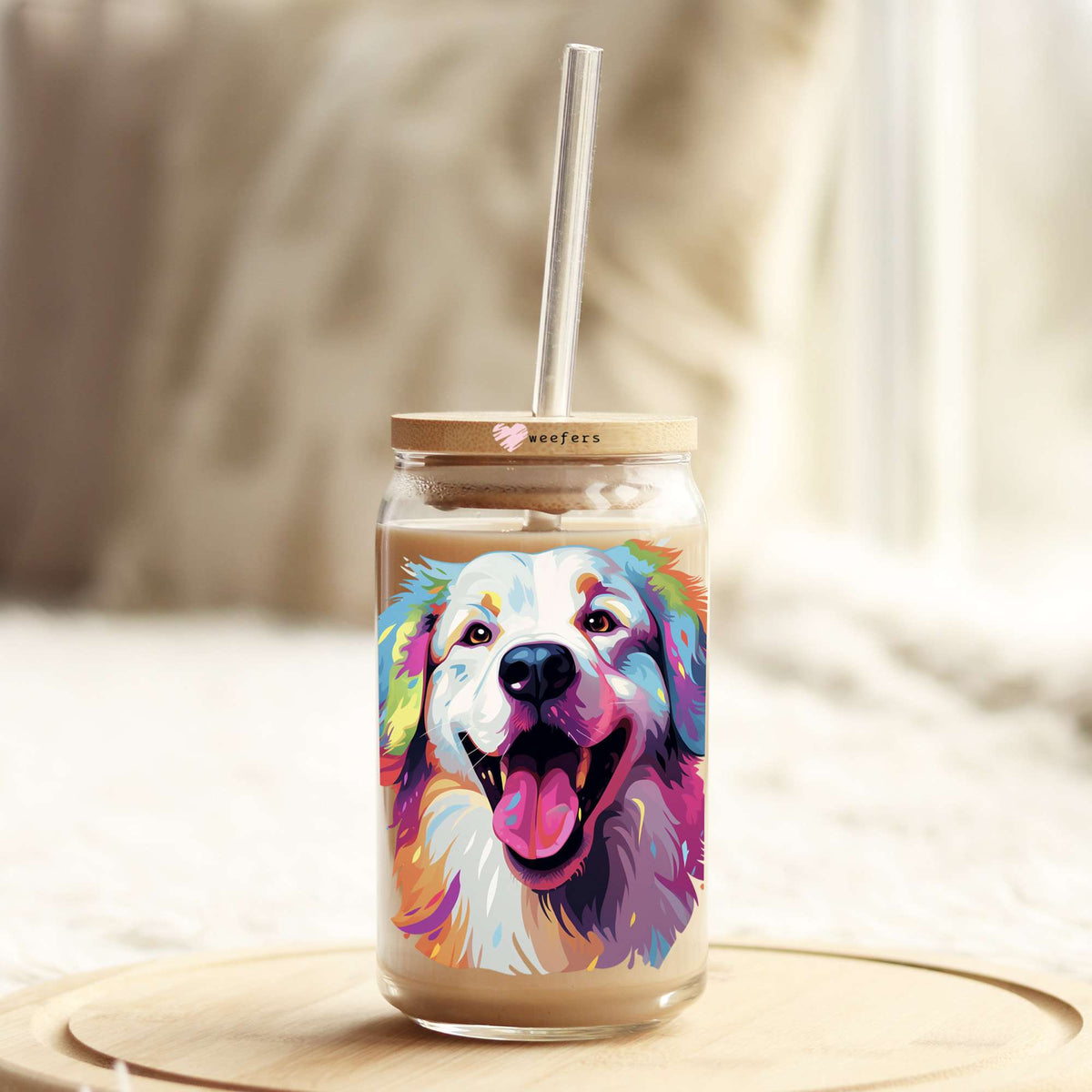 Great Pyrenees Colorful Watercolor 16oz Libbey Glass Can UV DTF or Sublimation Wrap - Decal Weefers