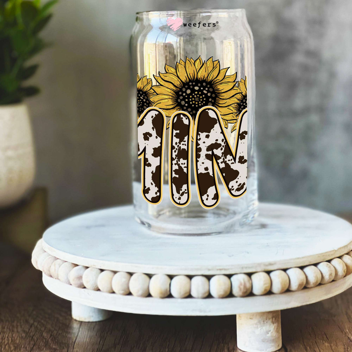 Sunflower Brown Cow Print Mini 16oz Libbey Glass Can UV DTF or Sublimation Wrap Decal Transfer Weefers