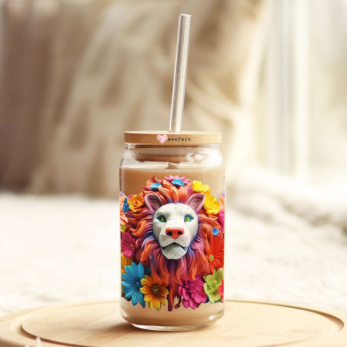 3D Lion Floral 16oz Libbey Glass Can UV DTF or Sublimation Cup Wrap - Decal Transfer Weefers