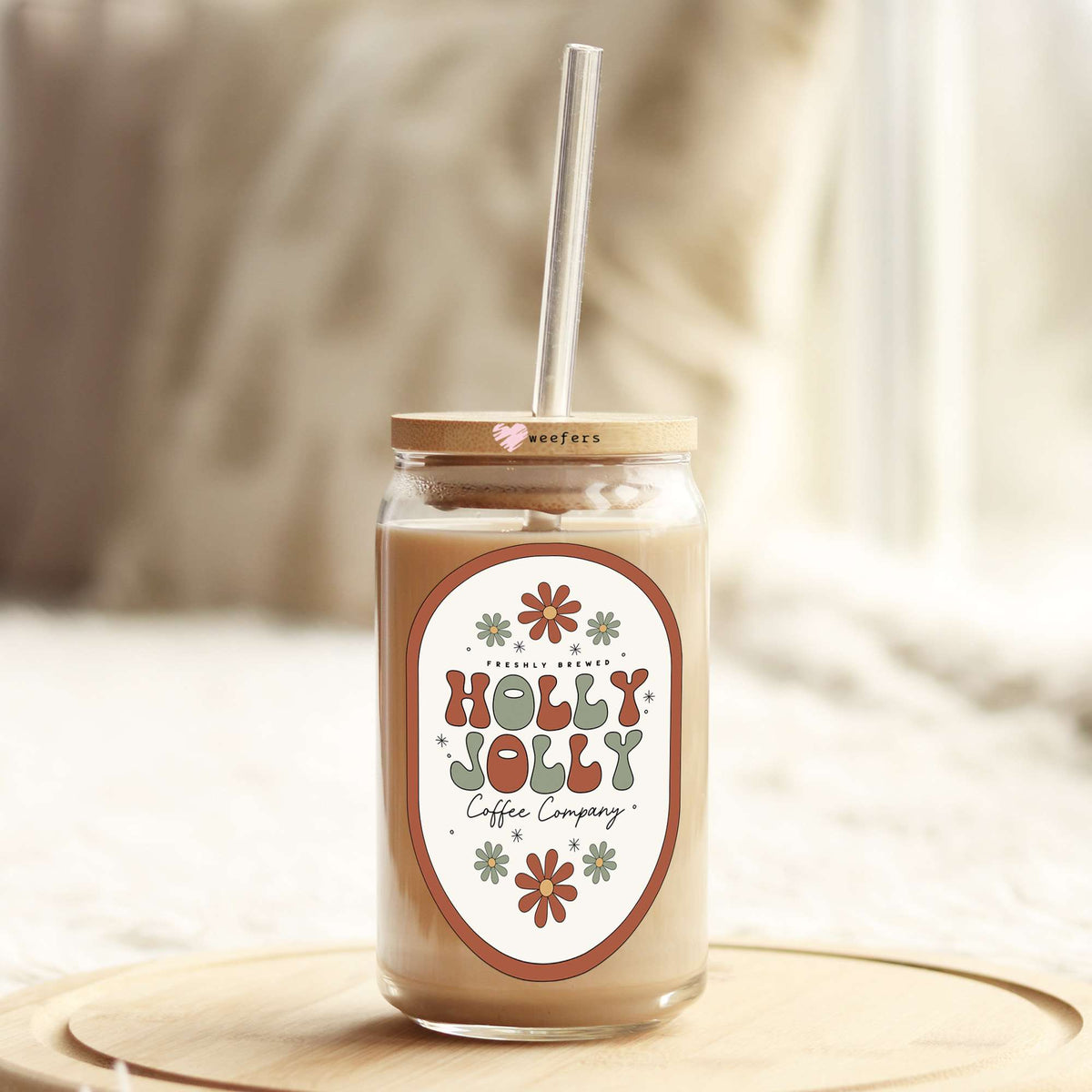 Red Outline Freshly Brewed Holly Jolly Coffee Company 16oz Libbey Glass Can UV DTF or Sublimation Wrap Decal Transfer Weefers