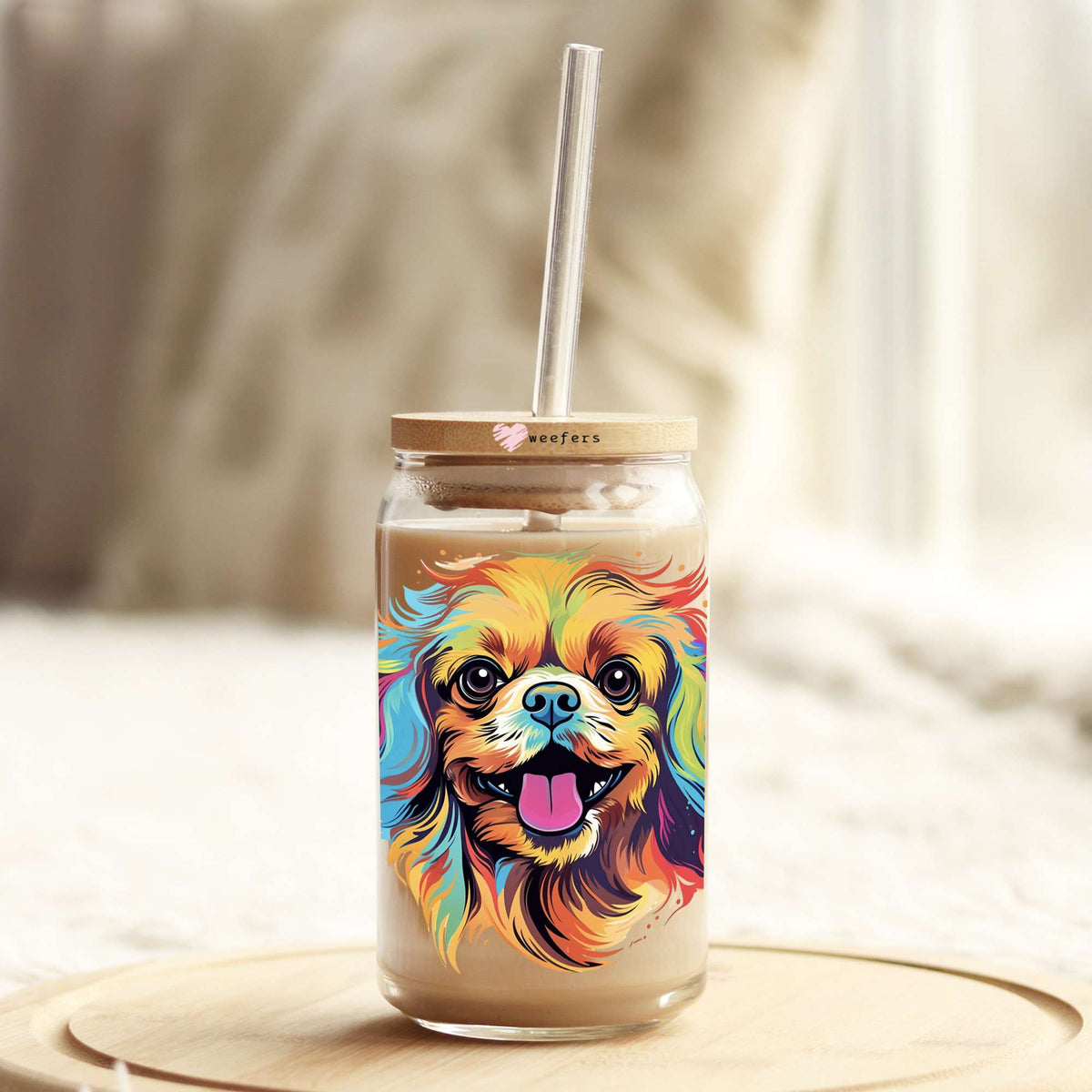 Pekingese Colorful Watercolor 16oz Libbey Glass Can UV DTF or Sublimation Wrap - Decal Weefers