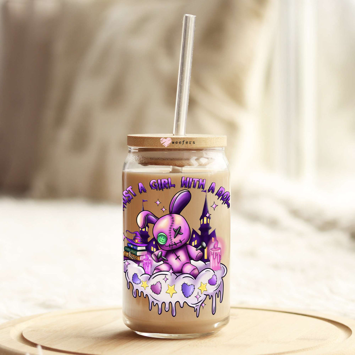 Just A Girl With A Doll 16oz Libbey Glass Can UV DTF or Sublimation Wrap - Decal Transfers Weefers