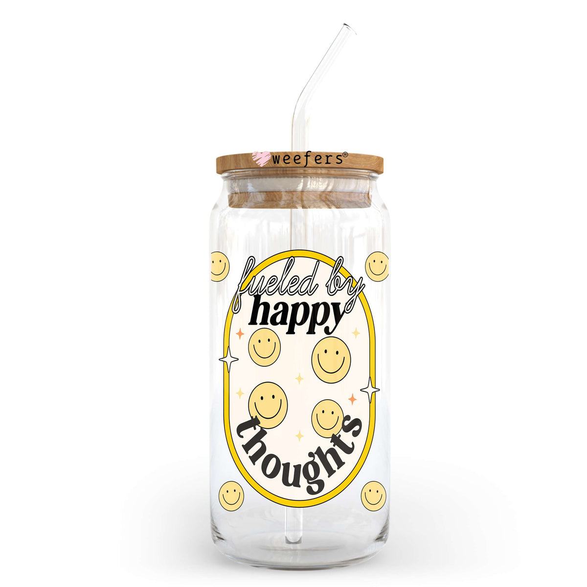 Fueled By Happy Thoughts 20oz Libbey Glass Can, 34oz Hip Sip, 40oz Tumbler, 24oz Cold Cup UV DTF or Sublimation Decal Transfer Weefers