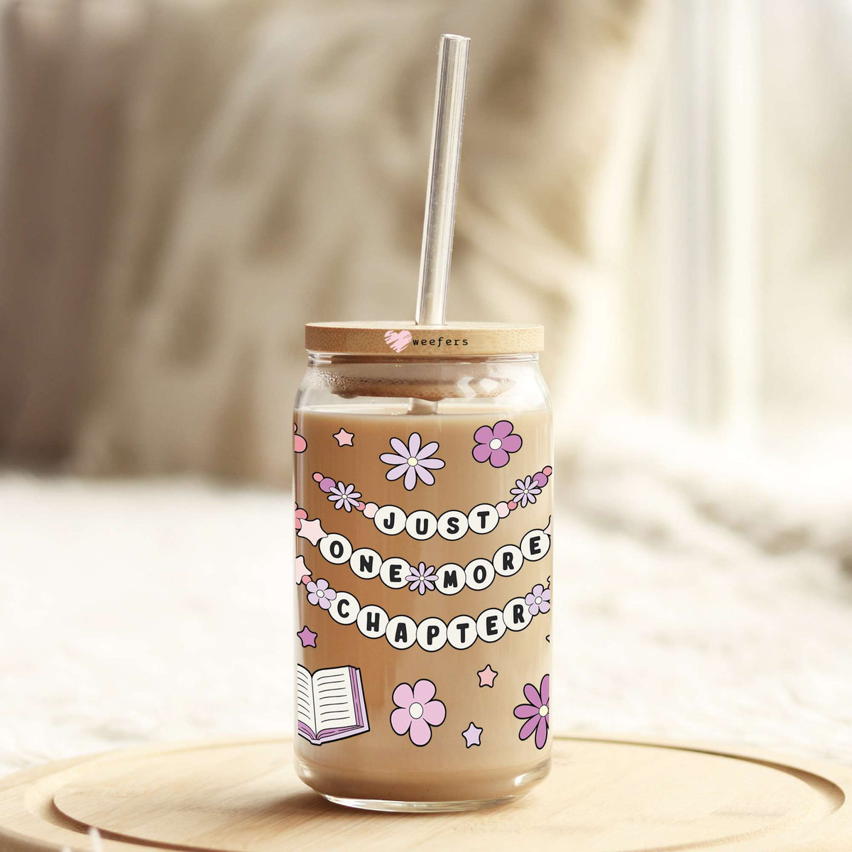 Just One More Chapter Pink and Purple Book Lover 16oz Libbey Glass Can UV DTF or Sublimation Wrap - Decal Weefers