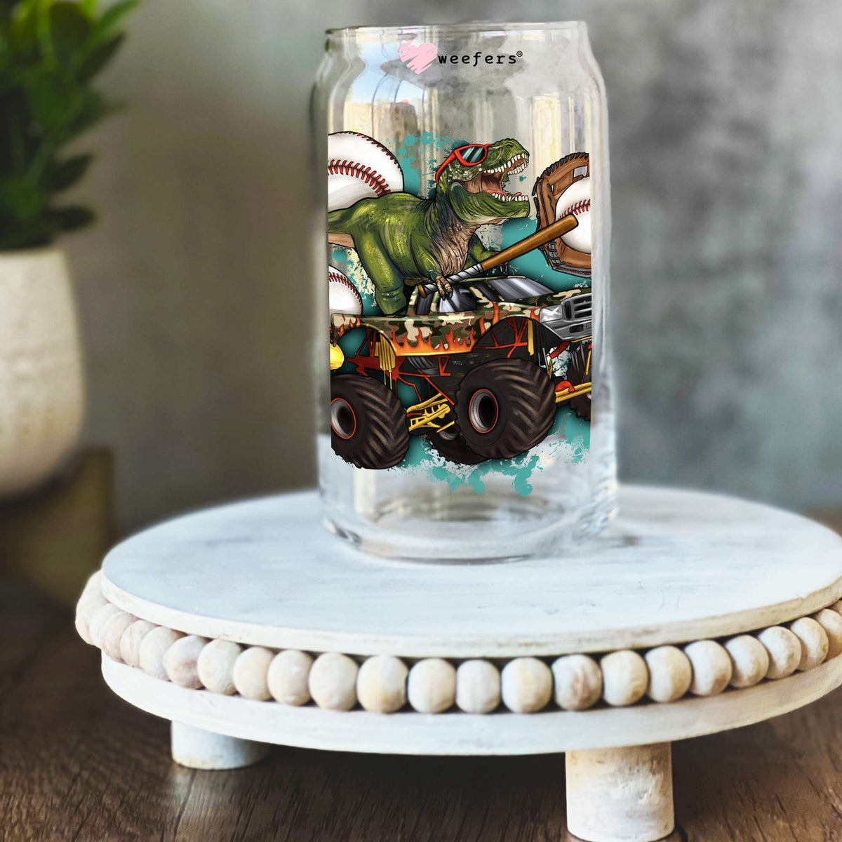 Baseball Dinosaur Monster Truck 16oz Libbey Glass Can UV DTF or Sublimation Wrap Decal Transfer Weefers