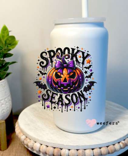 Spooky Season Scary Pumpkin 16oz Libbey Glass Can UV DTF Decal Transfer Weefers