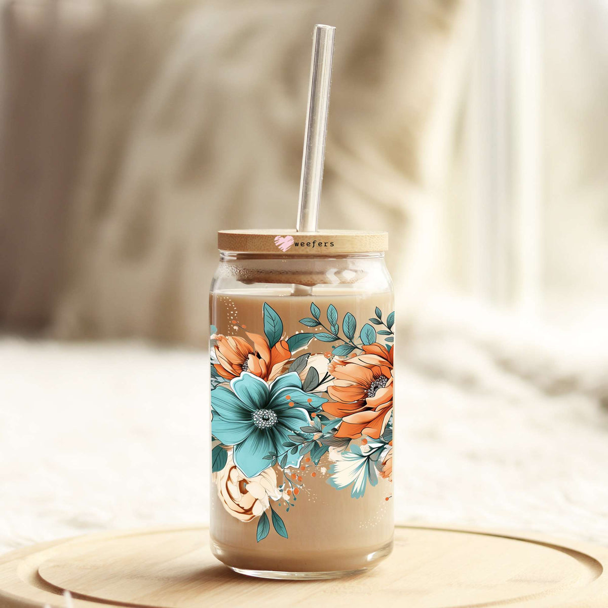 Floral Teal and Rust Swag 16oz Libbey Glass Can UV DTF or Sublimation Wrap - Transfer Weefers