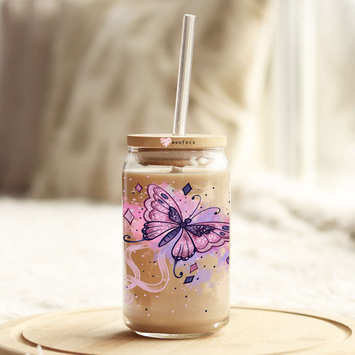 Purple Butterfly Fantasies 16oz Libbey Glass Can UV DTF or Sublimation Wrap - Decal Weefers