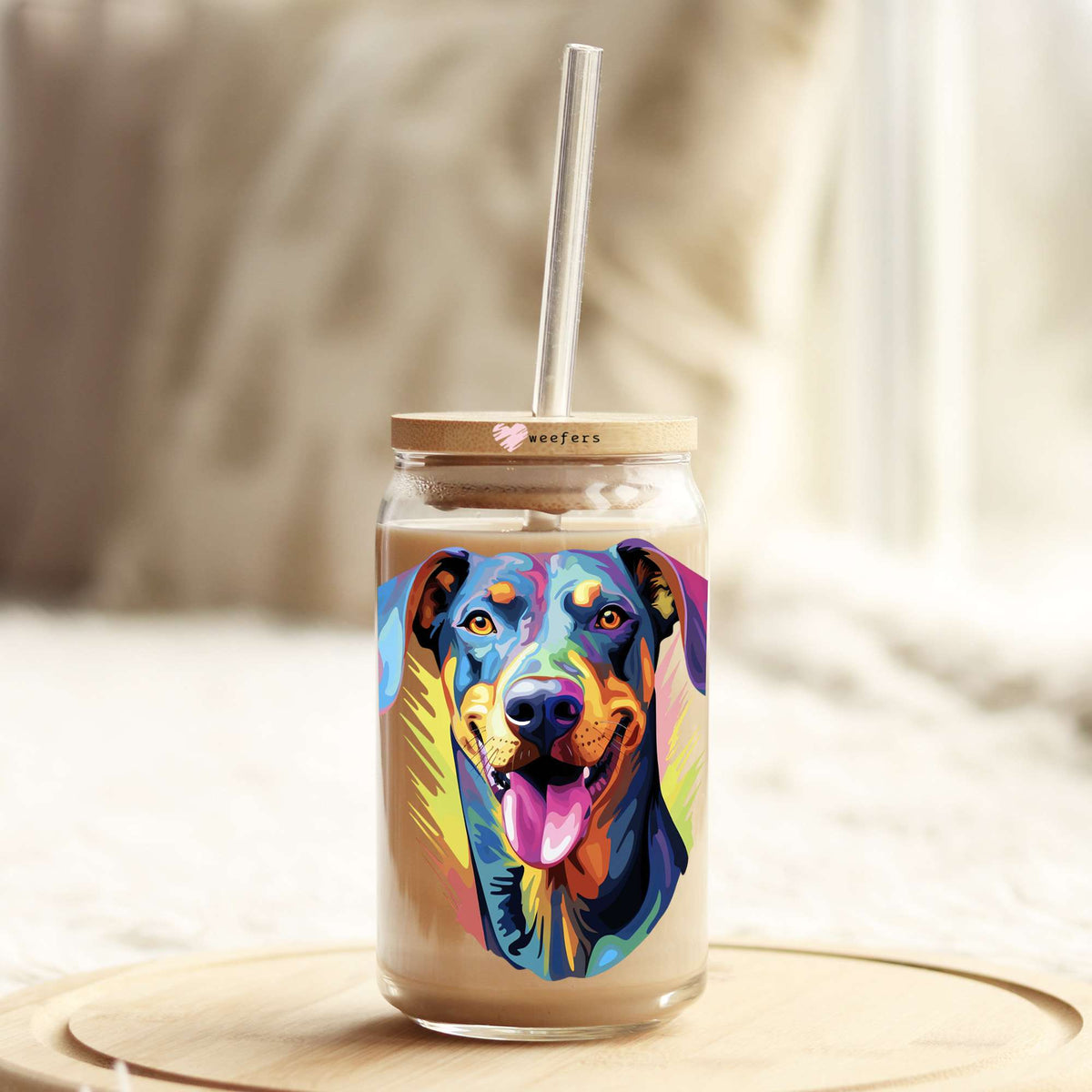 Doberman Colorful Watercolor 16oz Libbey Glass Can UV DTF or Sublimation Wrap - Decal Weefers