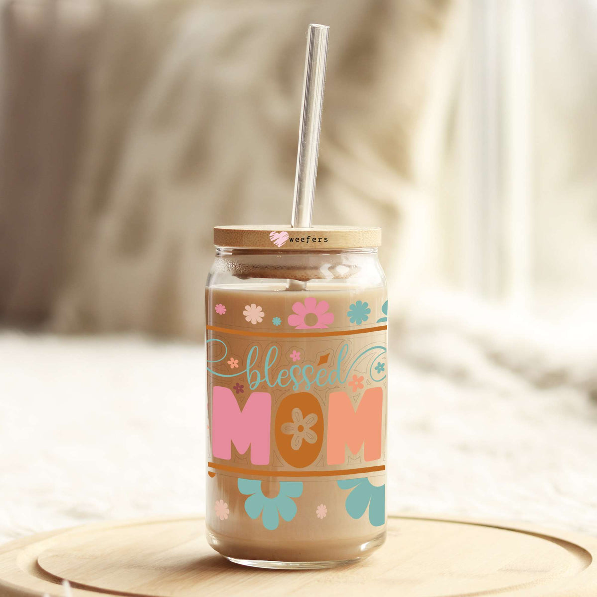 Blessed Mom Spring Flowers 16oz Libbey Glass Can UV DTF or Sublimation Wrap - Decal Transfers Weefers
