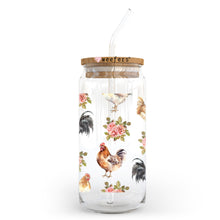 Load image into Gallery viewer, a glass jar with roosters and flowers painted on it
