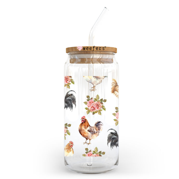 a glass jar with roosters and flowers painted on it
