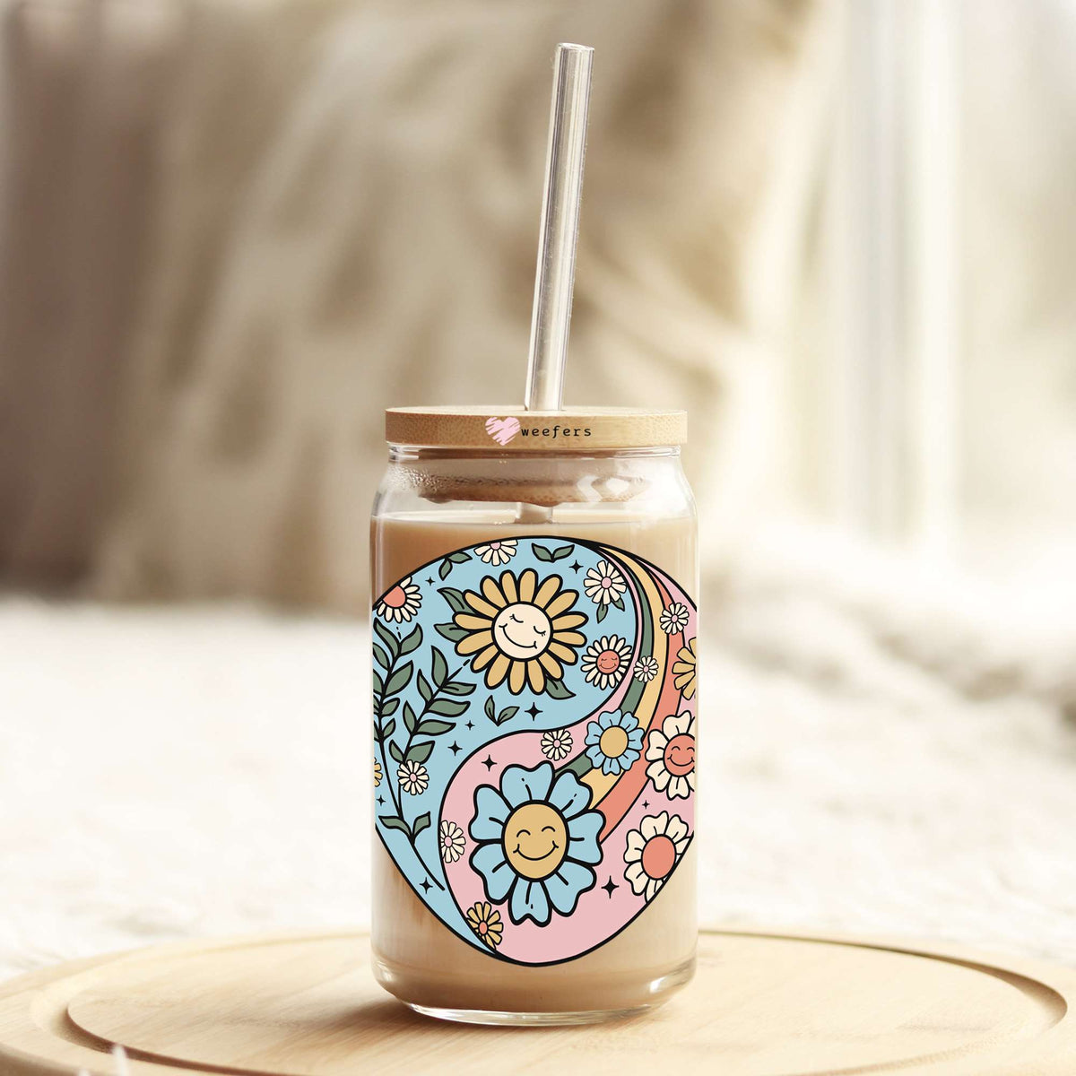 Yin And Yang Flowers 16oz Libbey Glass Can UV DTF or Sublimation Wrap Decal Transfer Weefers