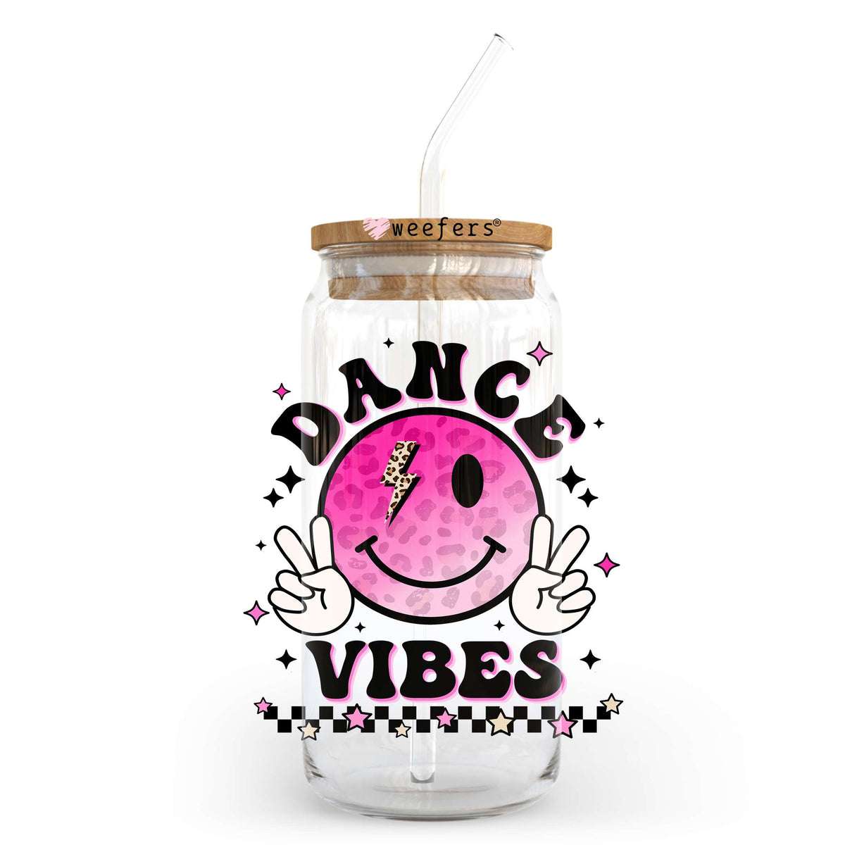 Dance Vibes Pink Smile Face 20oz Libbey Glass Can UV DTF or Sublimation Wrap - Decal Transfer Weefers