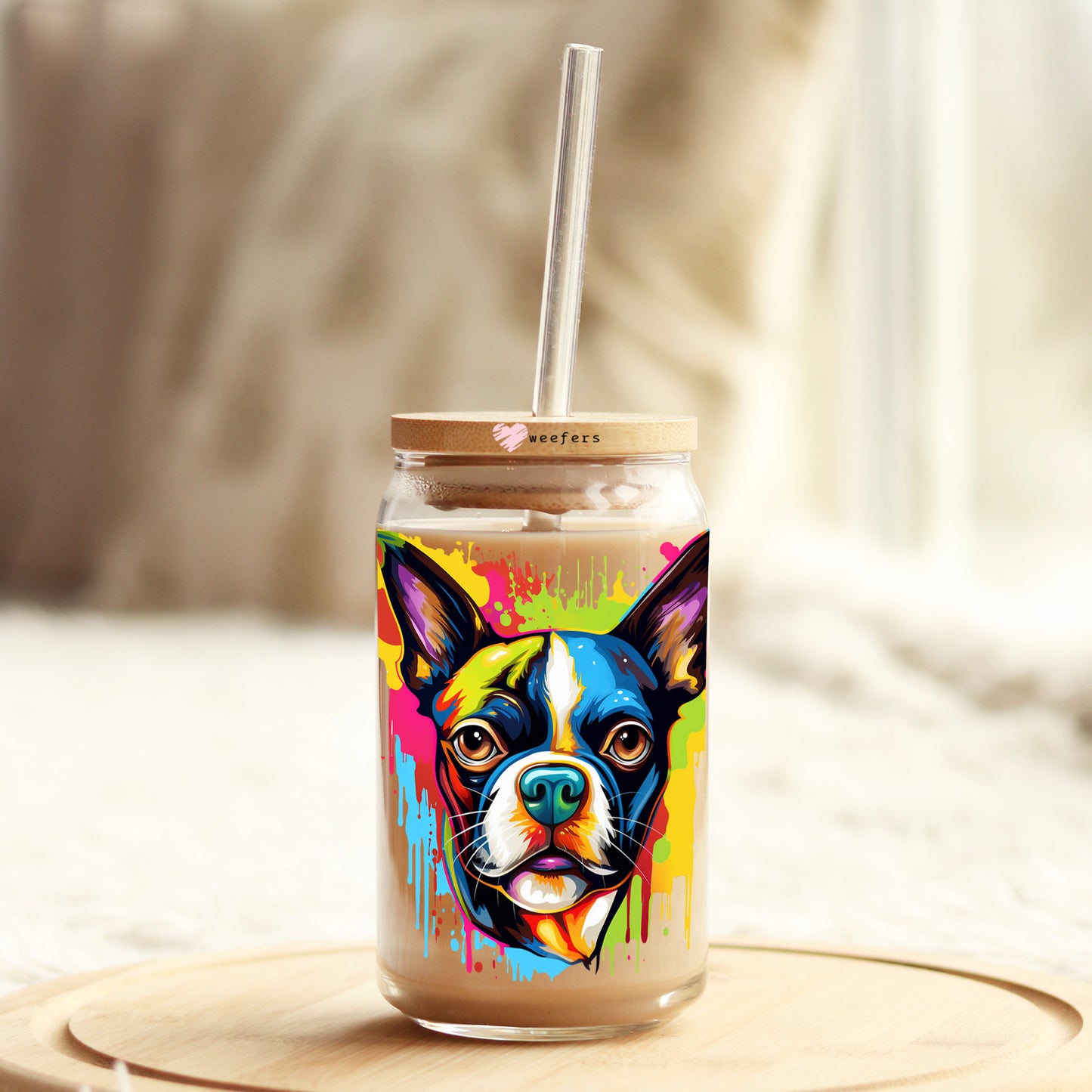 Boston Terrier Colorful Watercolor 16oz Libbey Glass Can UV DTF - Decal Weefers