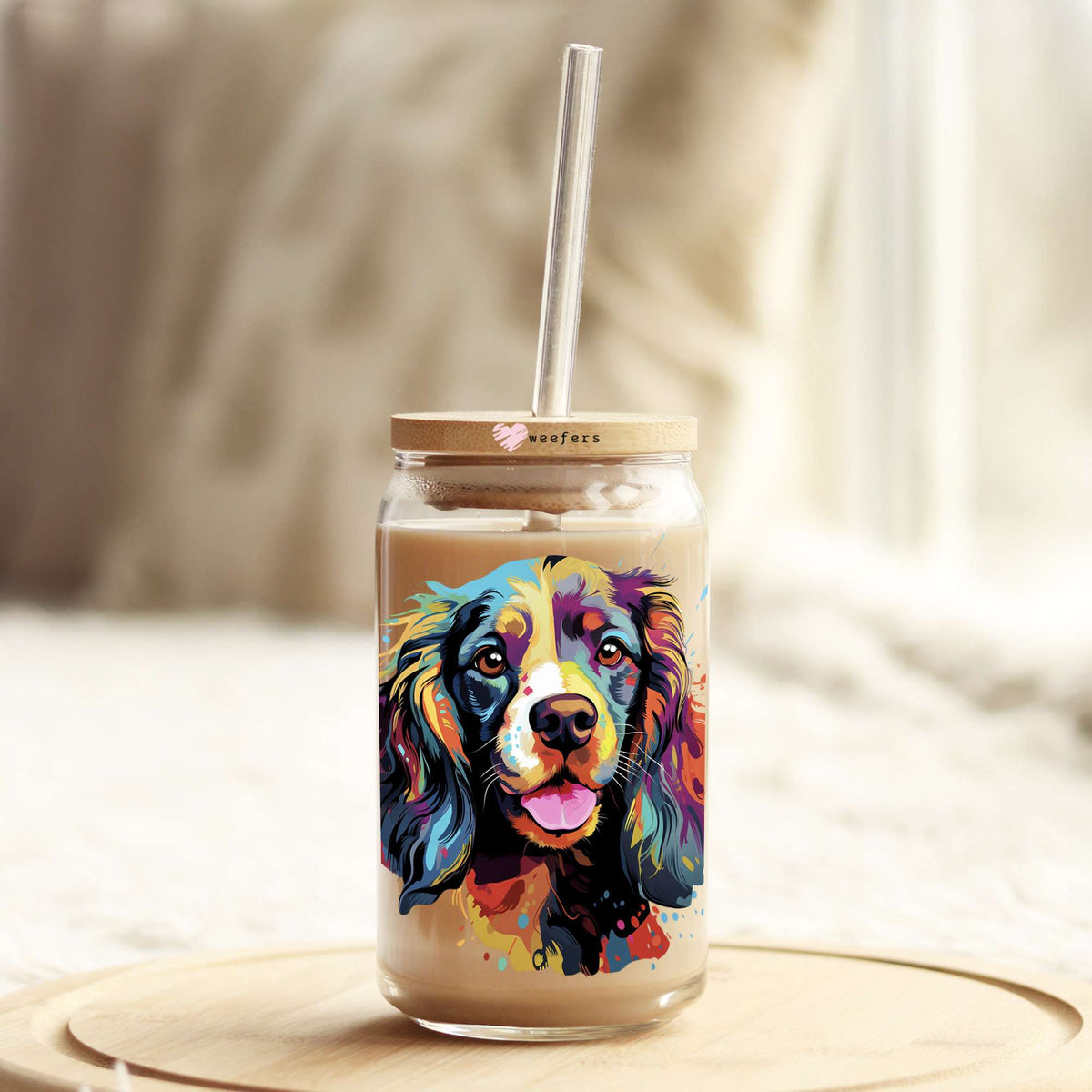 English Cocker Spaniel Colorful Watercolor 16oz Libbey Glass Can UV DTF or Sublimation Wrap - Decal Weefers