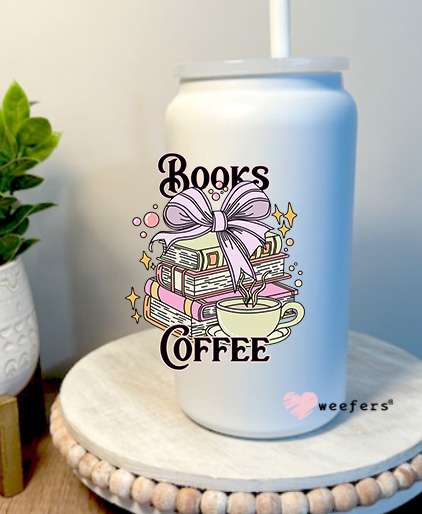 Books Coffee 16oz Libbey Glass Can UV DTF Decal Transfer Weefers