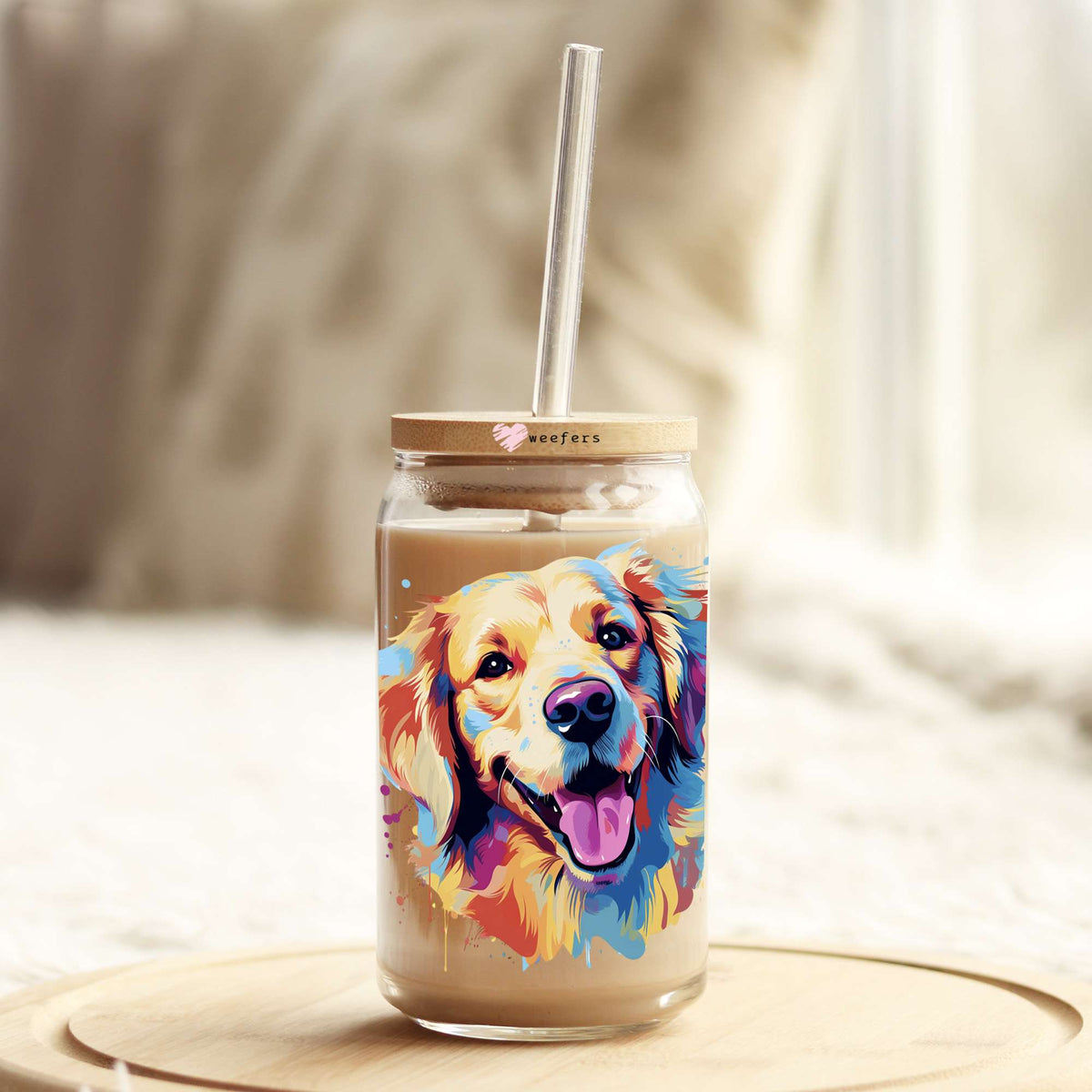 Golden Retriever Colorful Watercolor 16oz Libbey Glass Can UV DTF or Sublimation Wrap - Decal Weefers
