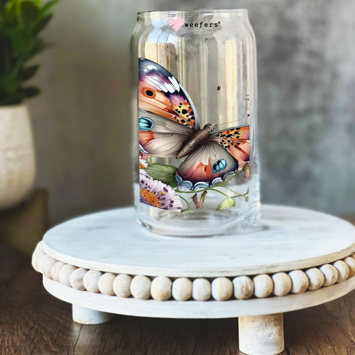 Butterfly Floral 16oz Libbey Glass Can UV DTF or Sublimation Decal Transfer Weefers