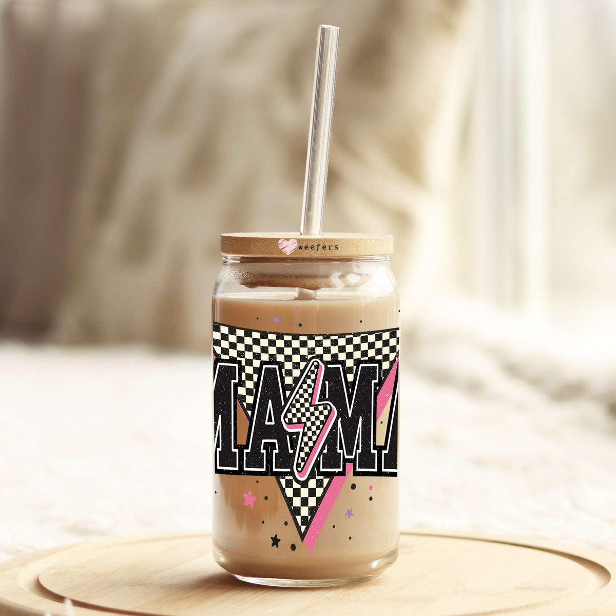 Retro Checkered Mama 16oz Libbey Glass Can UV DTF or Sublimation Wrap Decal Transfer Weefers