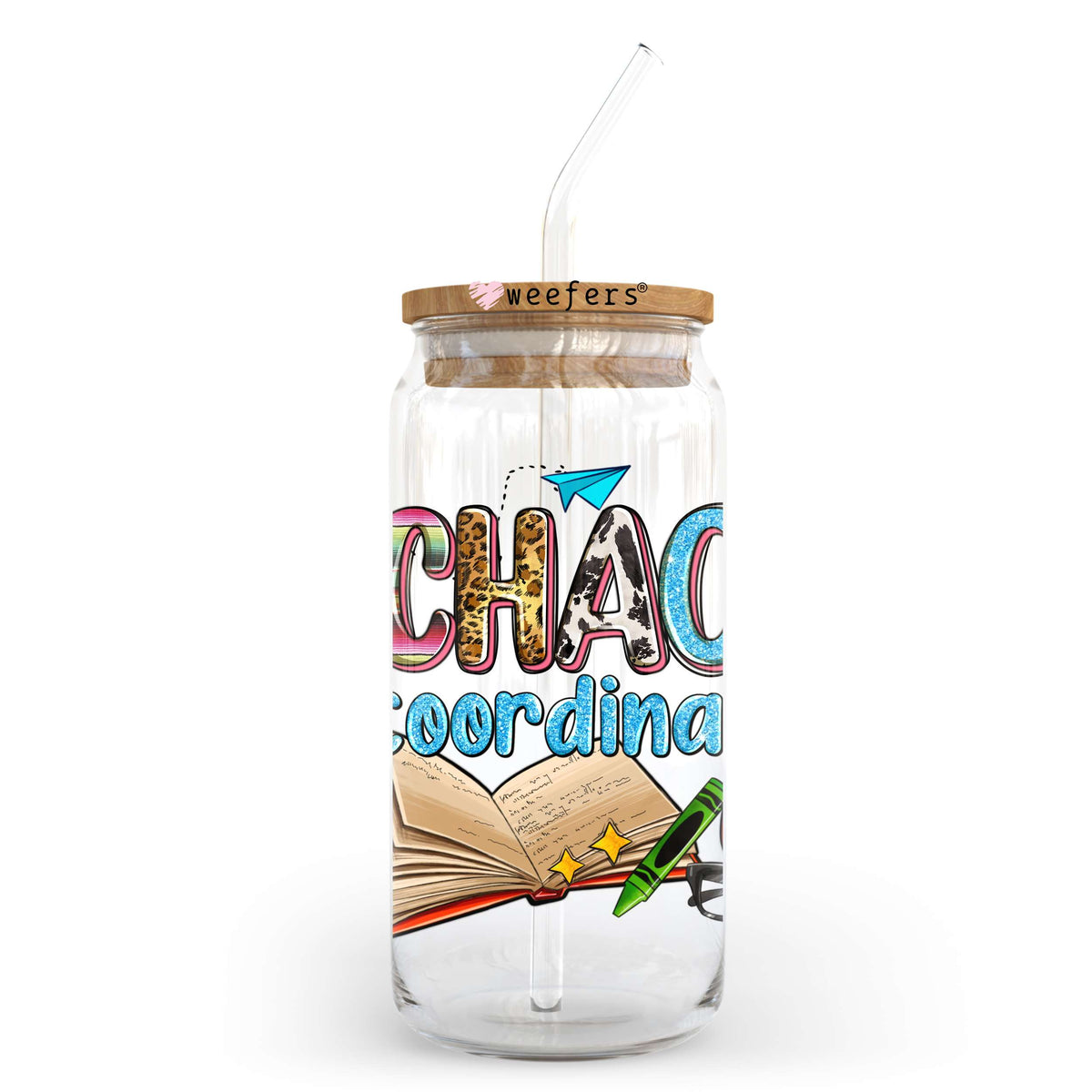 Chaos Coordinator Pencil Book 20oz Libbey Glass Can UV DTF or Sublimation Wrap - Decal Transfer Weefers
