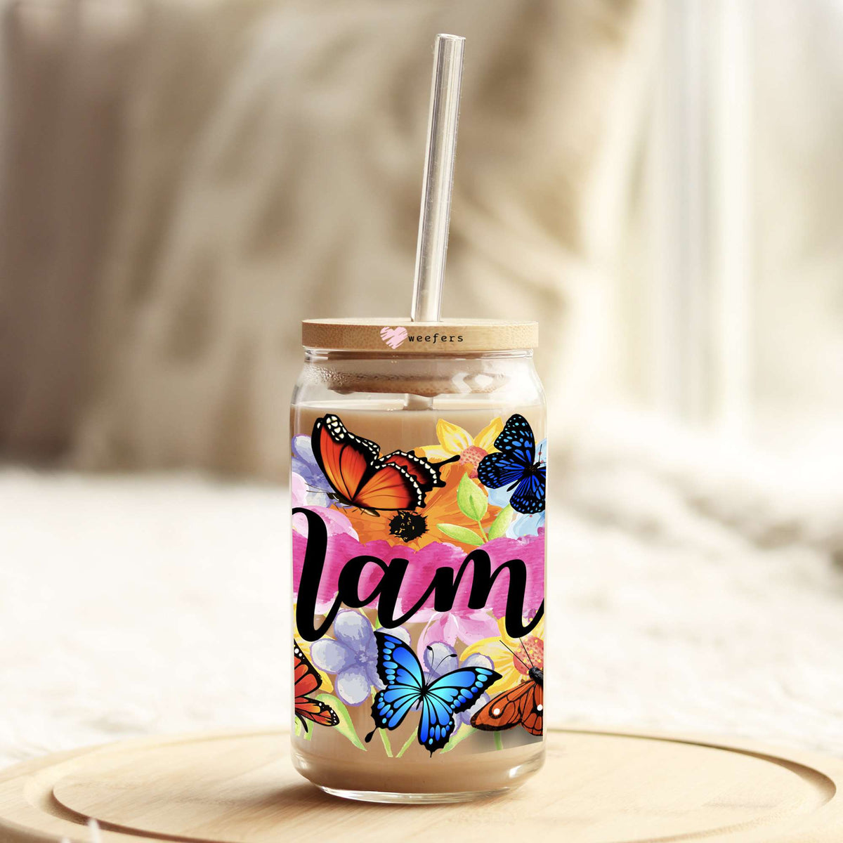 Mama Colorful Butterflies 16oz Libbey Glass Can UV DTF or Sublimation Wrap Decal Transfer Weefers